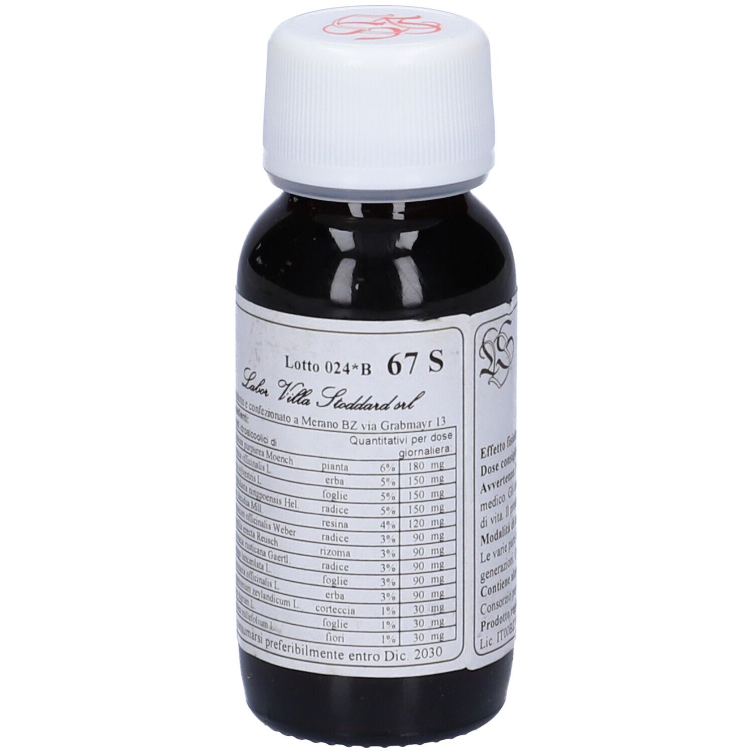 Flacone di vetro marrone con tappo bianco. Etichetta con testo. Contiene liquido scuro. Nome del prodotto non visibile.