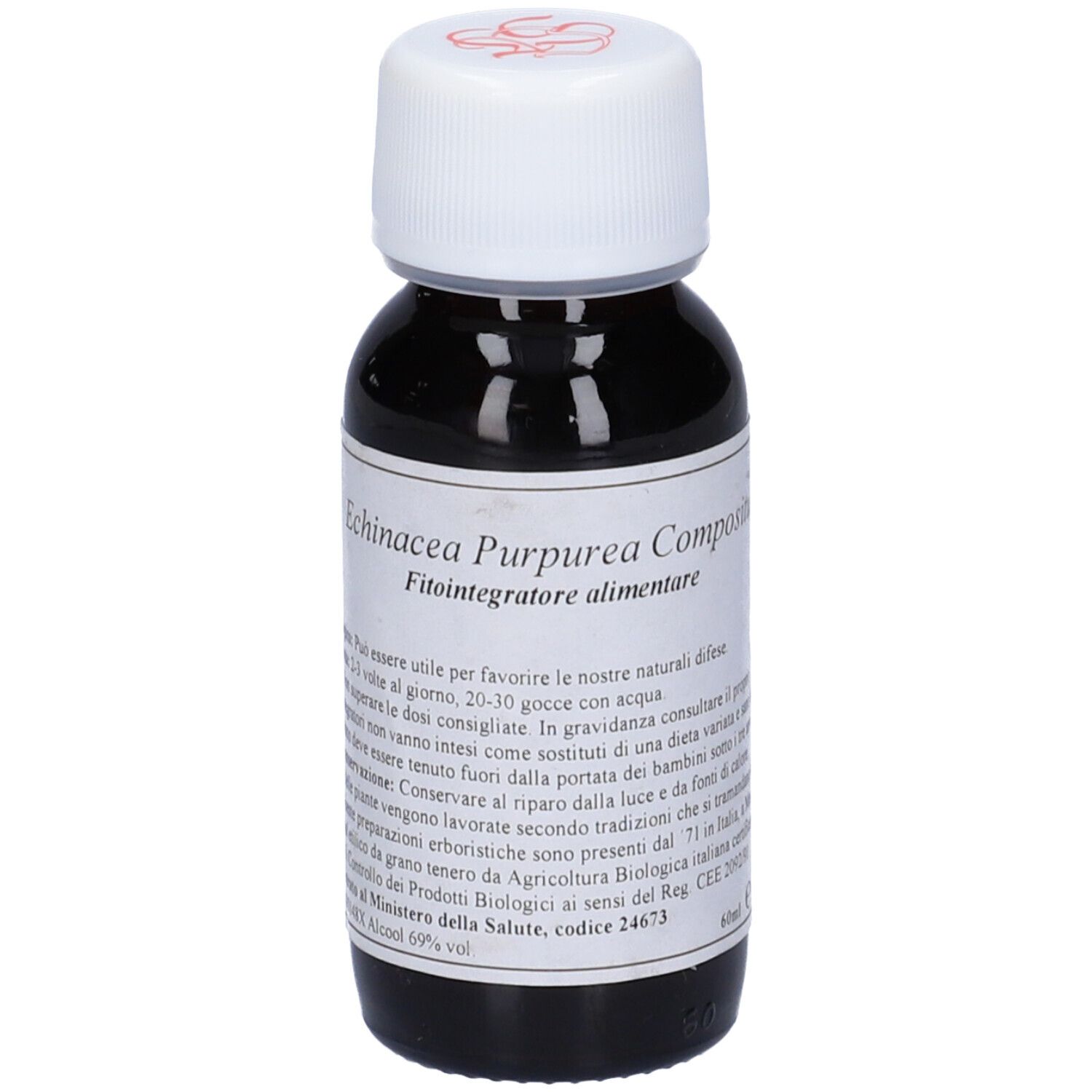 Flacone di vetro marrone con tappo bianco. Etichetta con testo. Contiene liquido scuro. Nome del prodotto: Echinacea Purpurea Compositum.