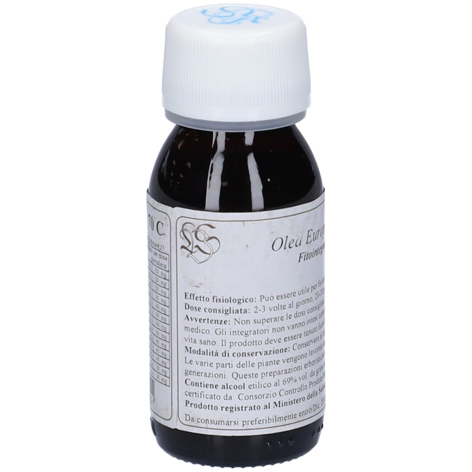 Flacone di vetro marrone con tappo bianco. Etichetta con testo. Scritta: Olea Europea Compositum, Fitointegratore alimentare.