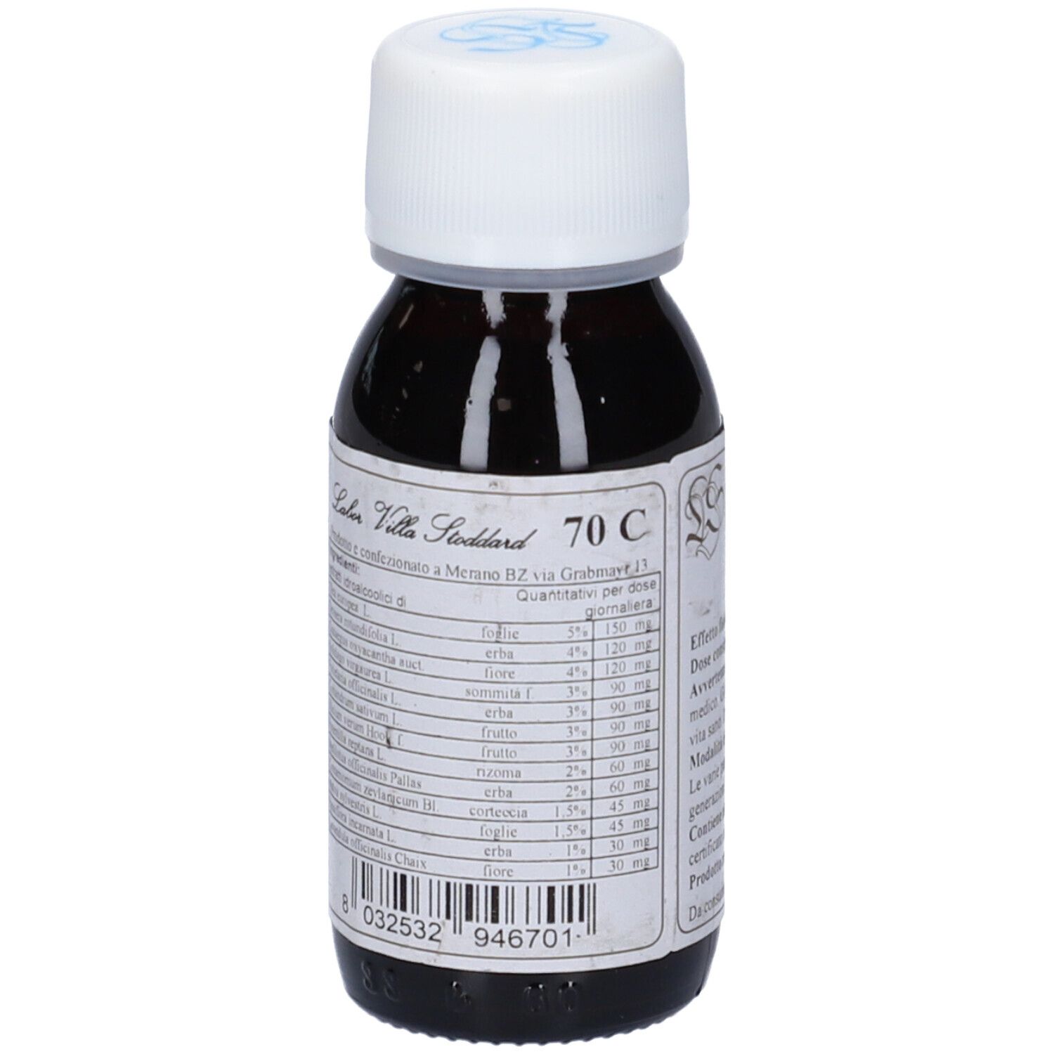 Flacone di vetro marrone con tappo bianco. Etichetta con testo e ingredienti. Scritta: Labor Villa Stoddard 70 C.