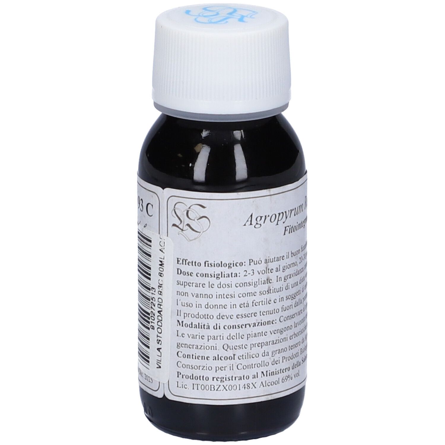 Flacone di vetro marrone con tappo bianco. Etichetta con testo. Scritta: Agropyrum Repens Compositum, Fitointegratore alimentare.