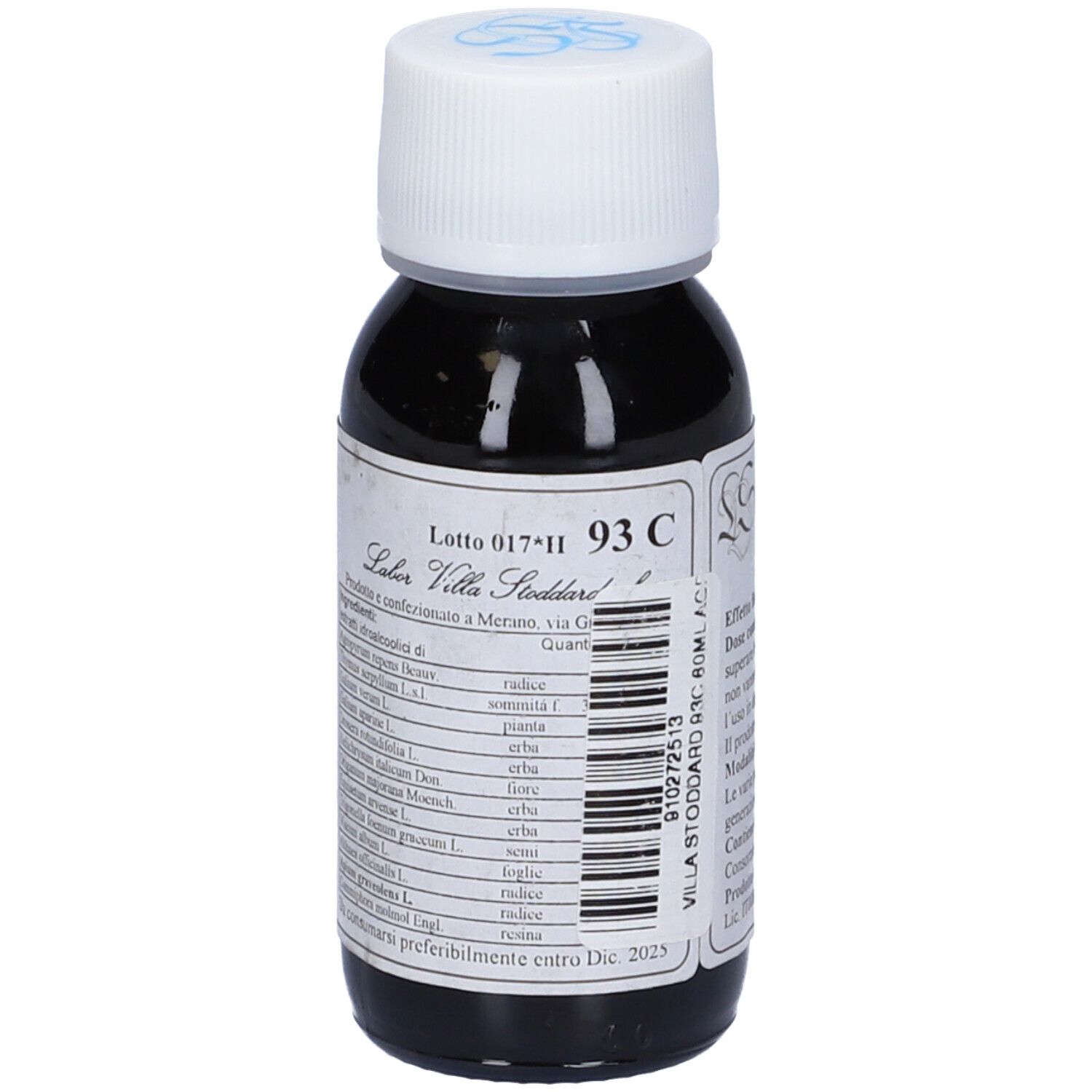 Flacone di vetro marrone con tappo bianco. Etichetta con testo. Scritta: Labor Villa Stoddart, 93 C.