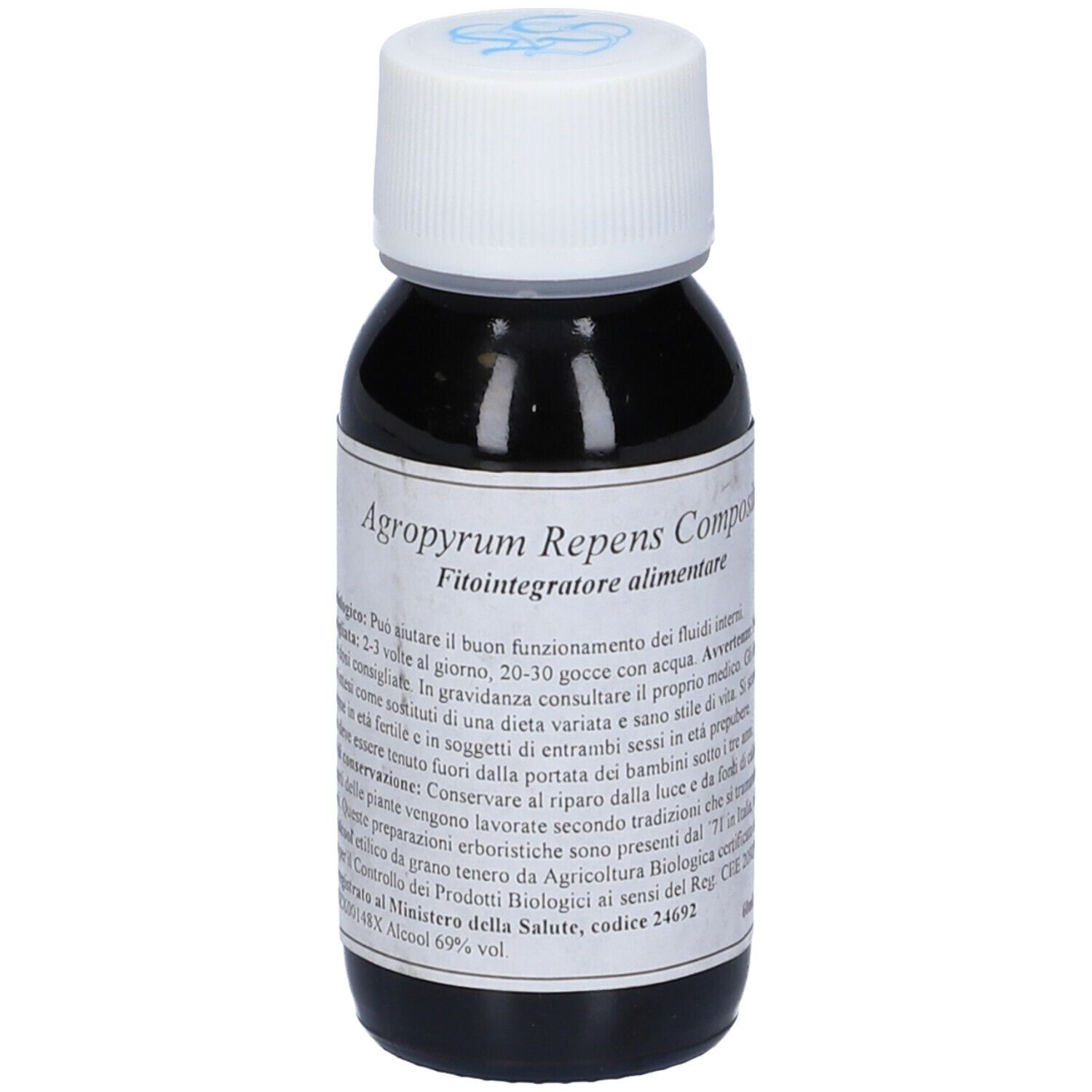 Flacone di vetro marrone con tappo bianco. Etichetta: Agropyrum Repens Compositum, Fitointegratore alimentare.