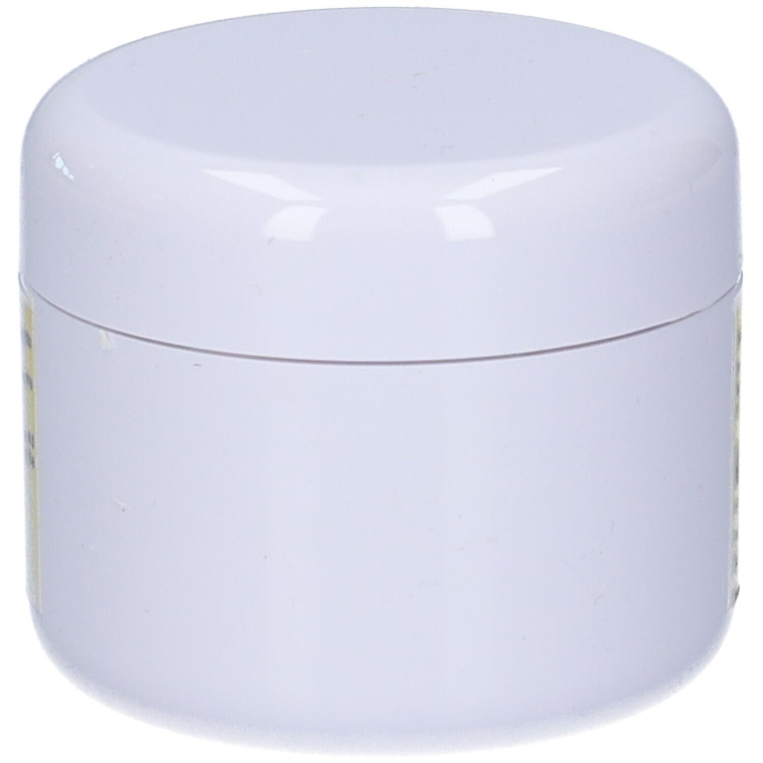Vaso bianco con coperchio a vite, vista frontale.