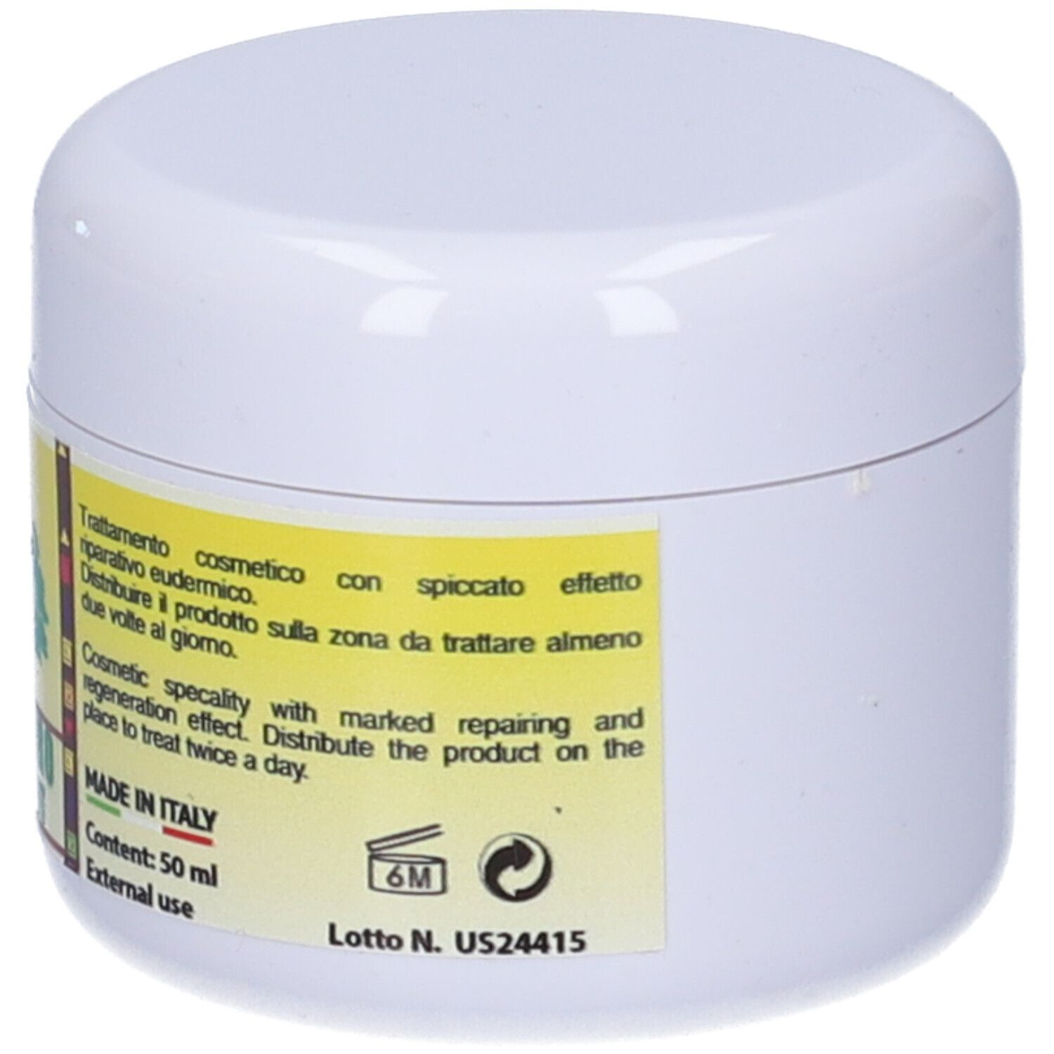 Lato del vaso con istruzioni per l'uso e numero di lotto.