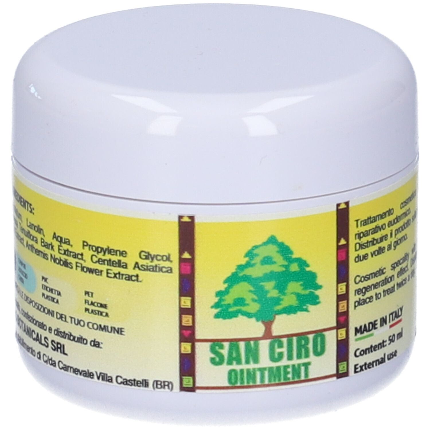 Unguento San Ciro, etichetta gialla con logo ad albero, ingredienti e produttore.