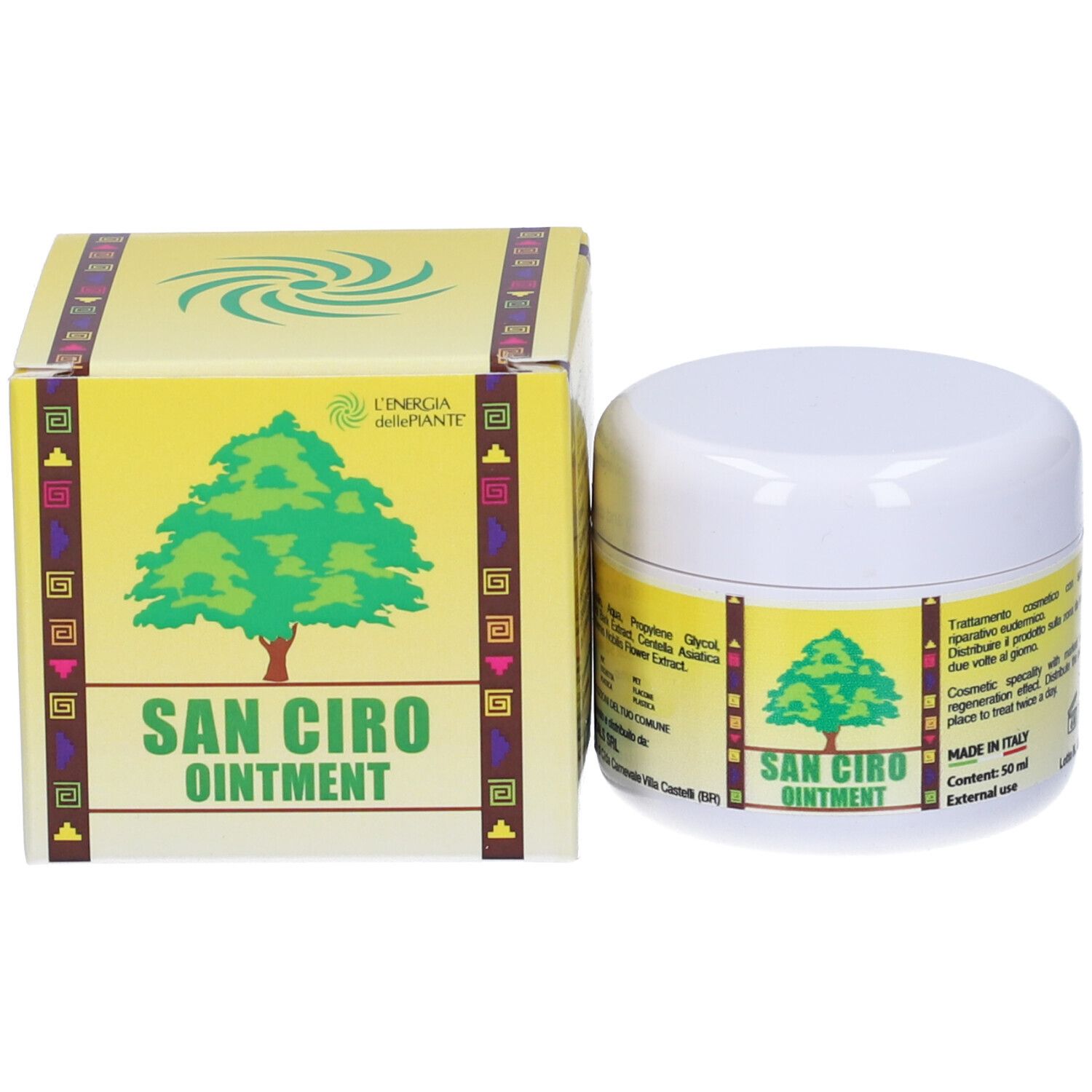 Confezione e vaso di Unguento San Ciro uno accanto all'altro.