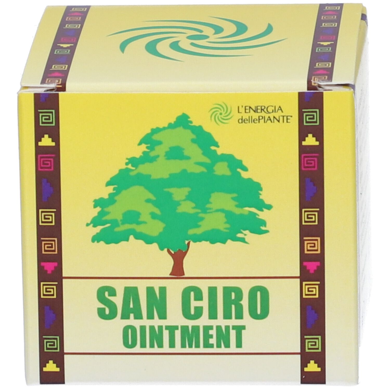 Confezione di Unguento San Ciro con logo ad albero e motivo a spirale.