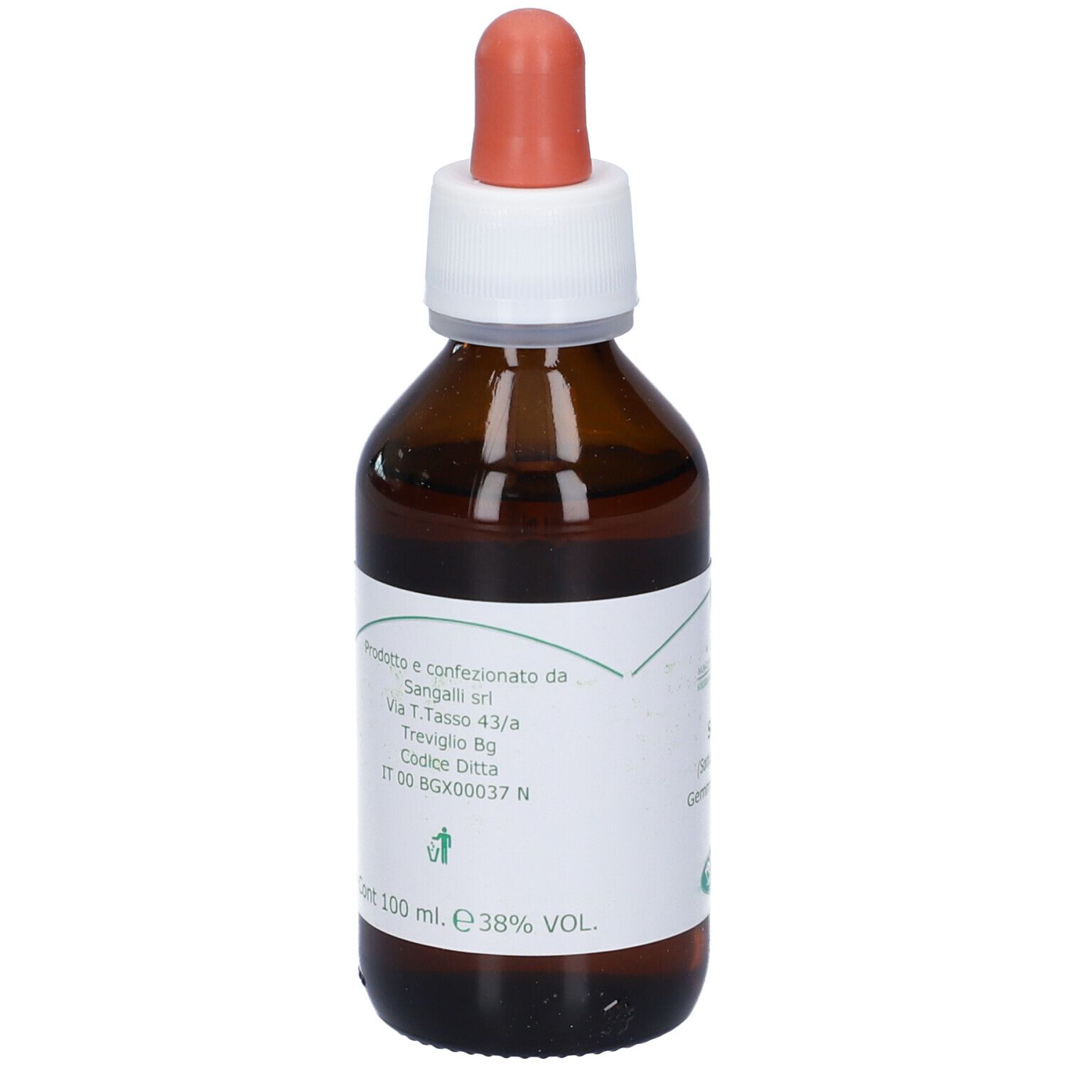 Flacone di vetro marrone con etichetta bianca e contagocce rosso. L'etichetta contiene informazioni sulla produzione.