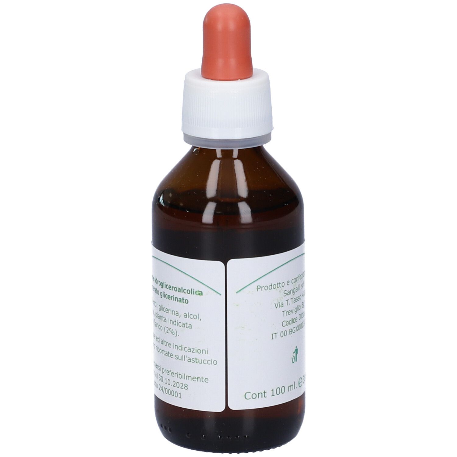 Flacone di vetro marrone con etichetta bianca e contagocce rosso. L'etichetta contiene informazioni sulla composizione.