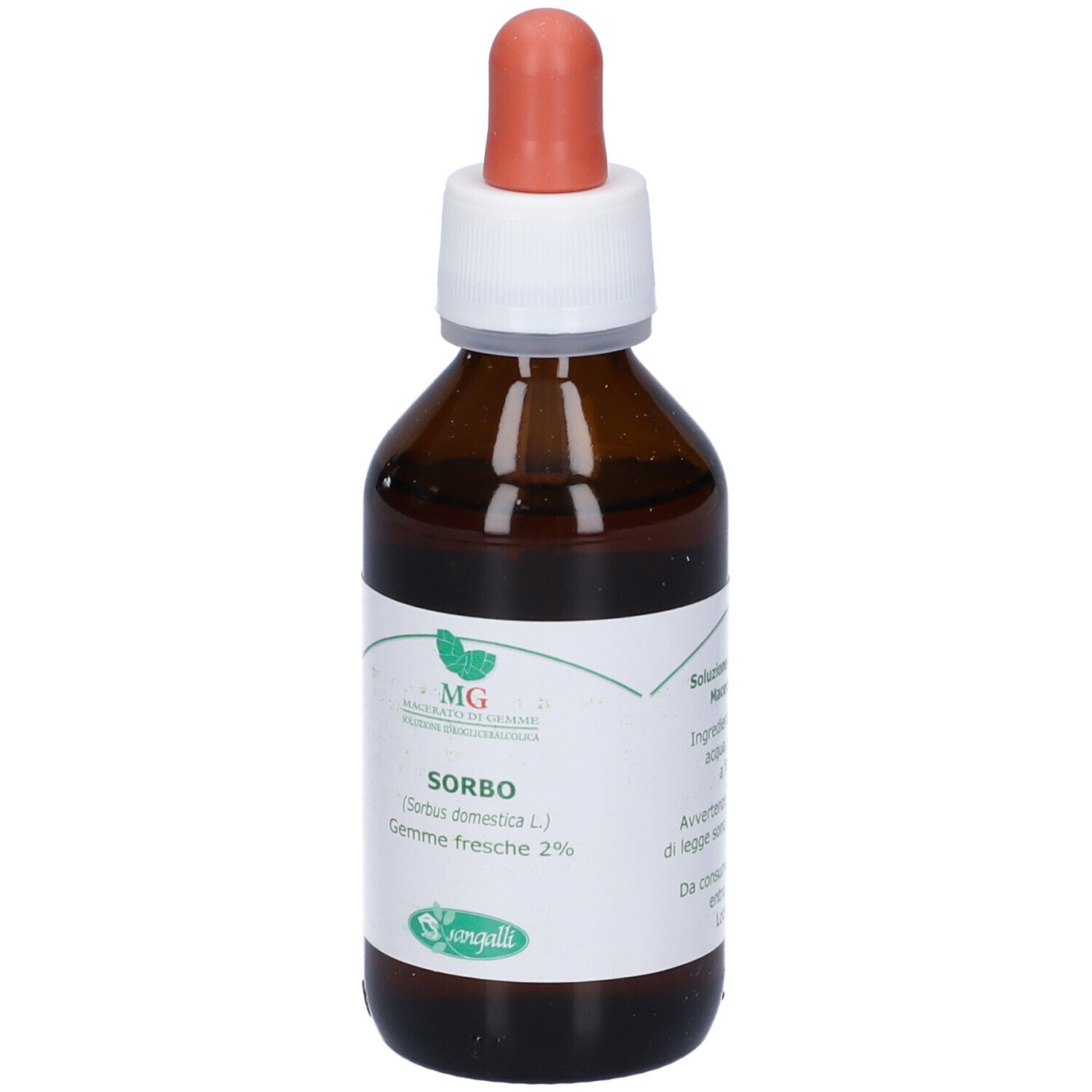 Flacone di vetro marrone con etichetta bianca e contagocce rosso. L'etichetta riporta "Sorbo" e altre informazioni.