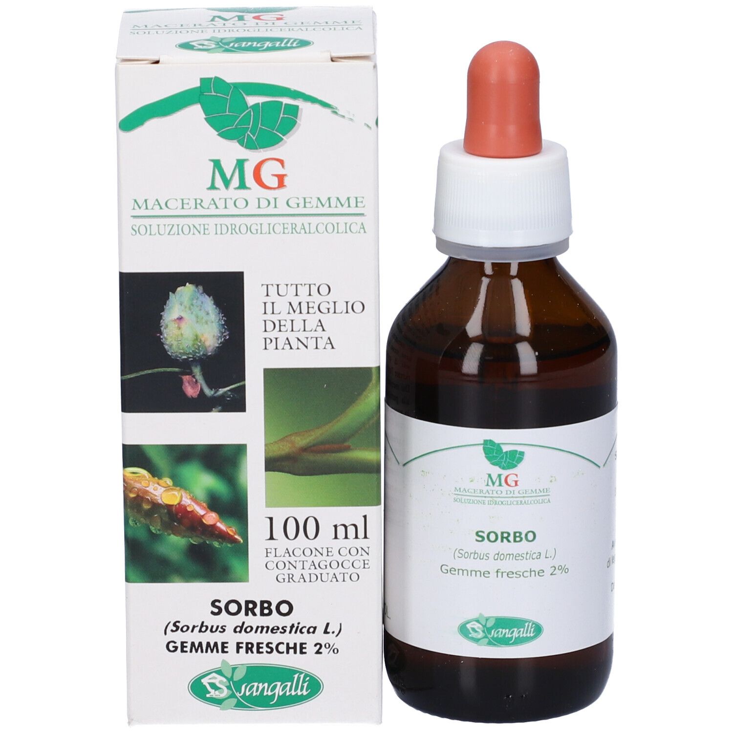 Flacone e confezione del prodotto. Flacone di vetro marrone con etichetta bianca e contagocce rosso. Confezione bianca con testo e immagini.