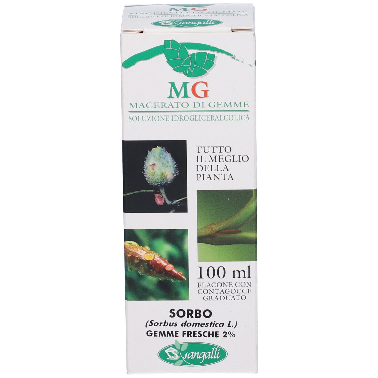 Confezione bianca del prodotto con testo e immagini. Contiene un flacone di vetro marrone con etichetta bianca e contagocce rosso.