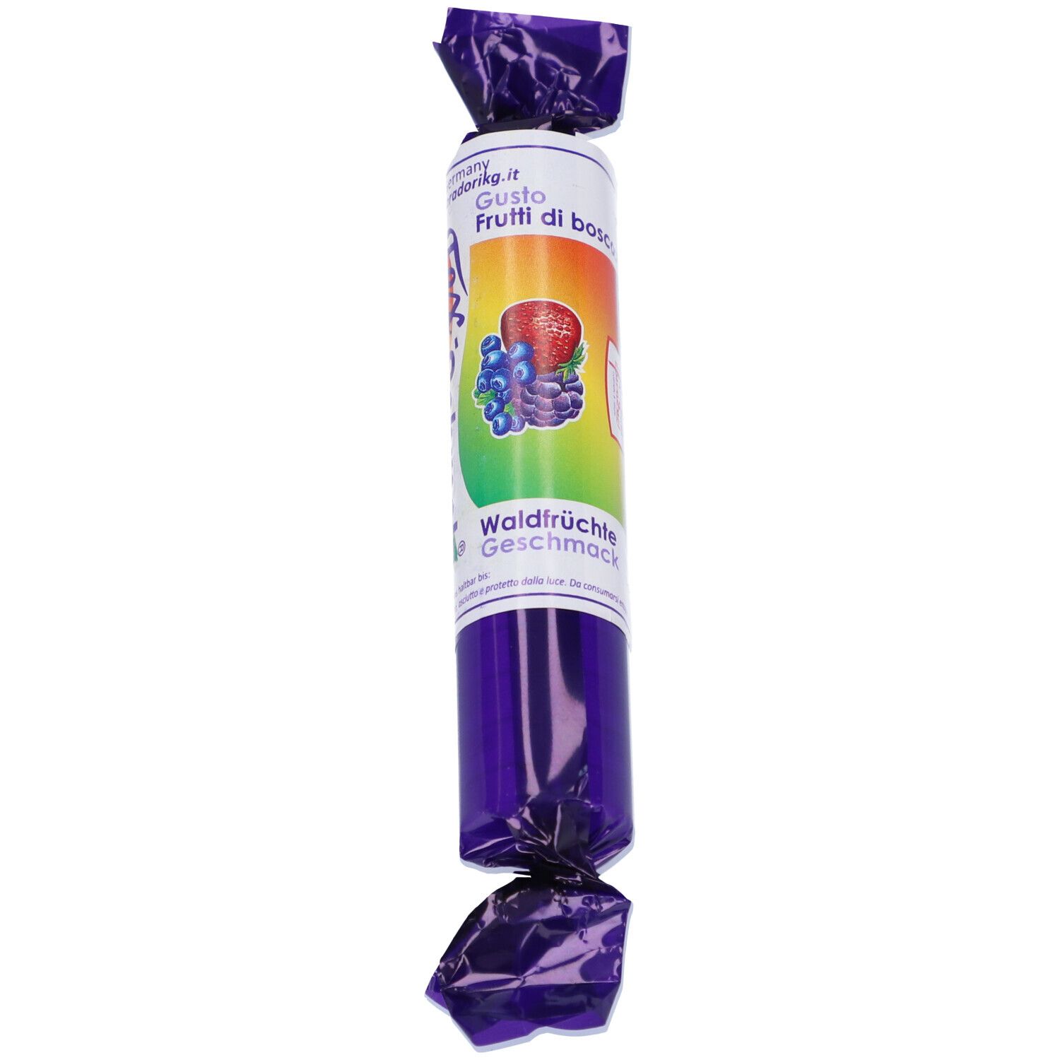 Rotolo singolo di Tex Schmelz Traubenzucker avvolto in carta viola. Stampa: Gusto frutti di bosco, Frutti di bosco.