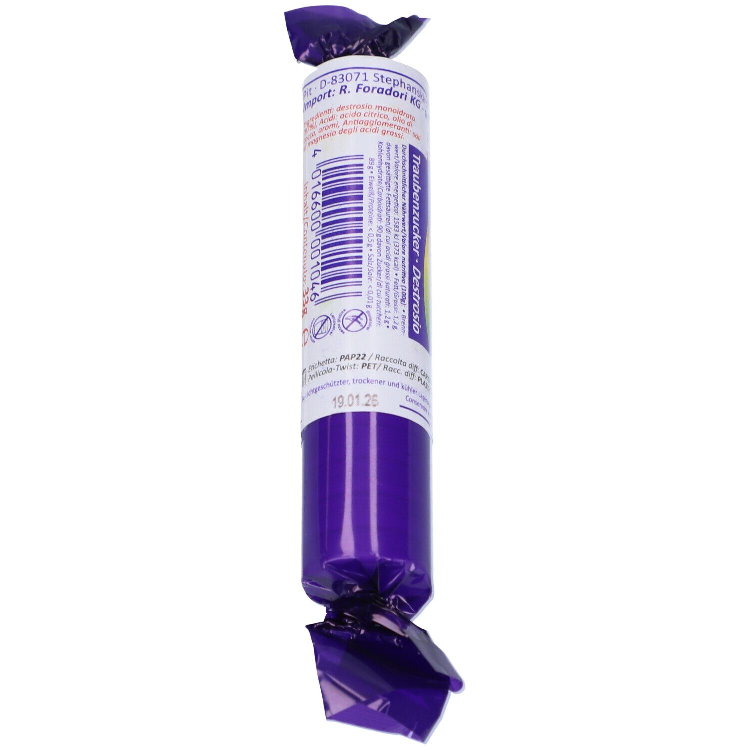 Retro di un rotolo di Tex Schmelz Traubenzucker avvolto in carta viola. Con codice a barre e informazioni sul prodotto.
