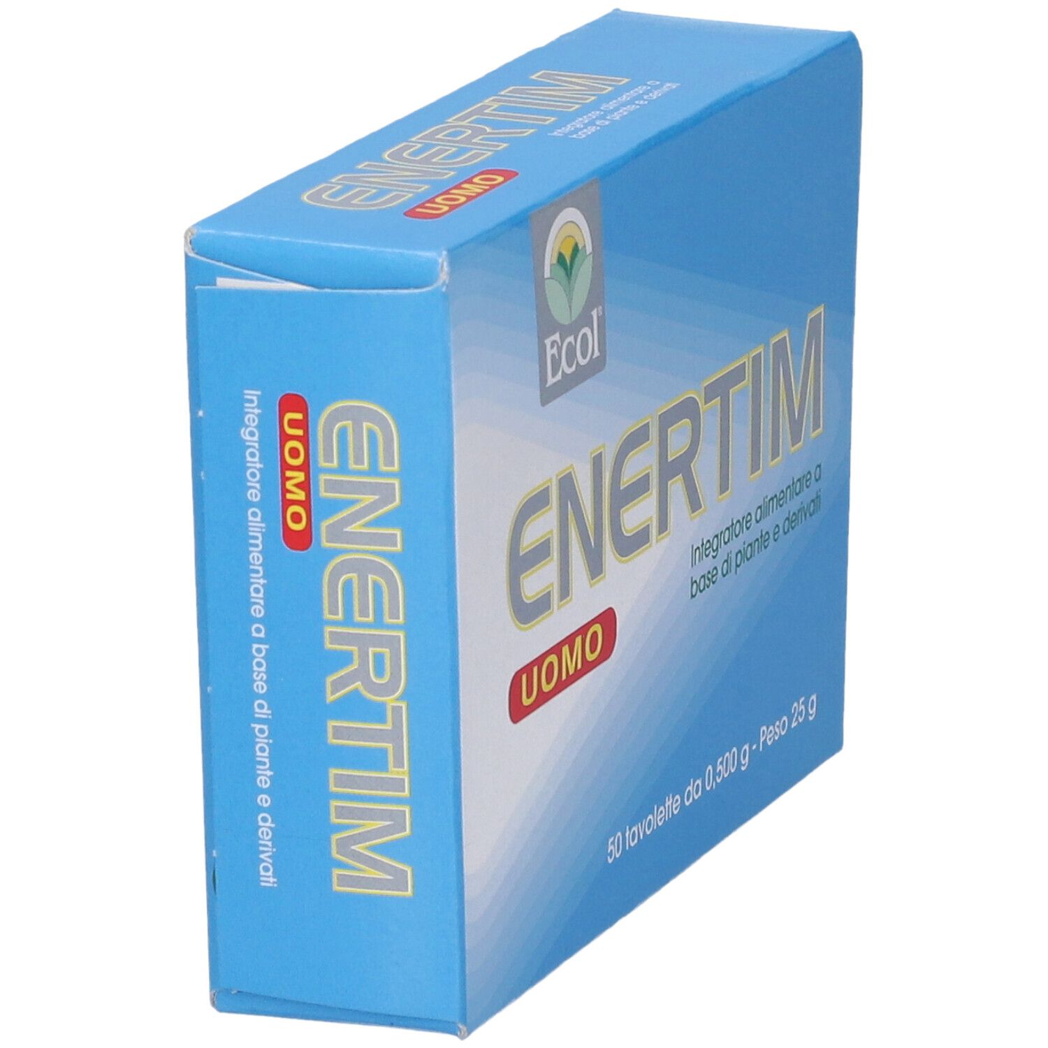 Scatola blu con logo "ENERTIM UOMO". Contiene 50 compresse. Testo: "Integratore alimentare a base di piante e derivati".