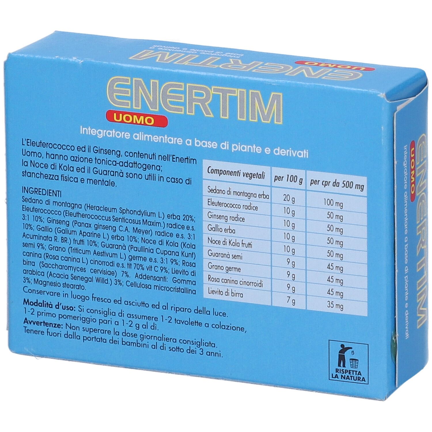 Scatola blu con testo e ingredienti. Contiene 50 compresse. Testo: "ENERTIM UOMO". Elenco ingredienti e istruzioni.