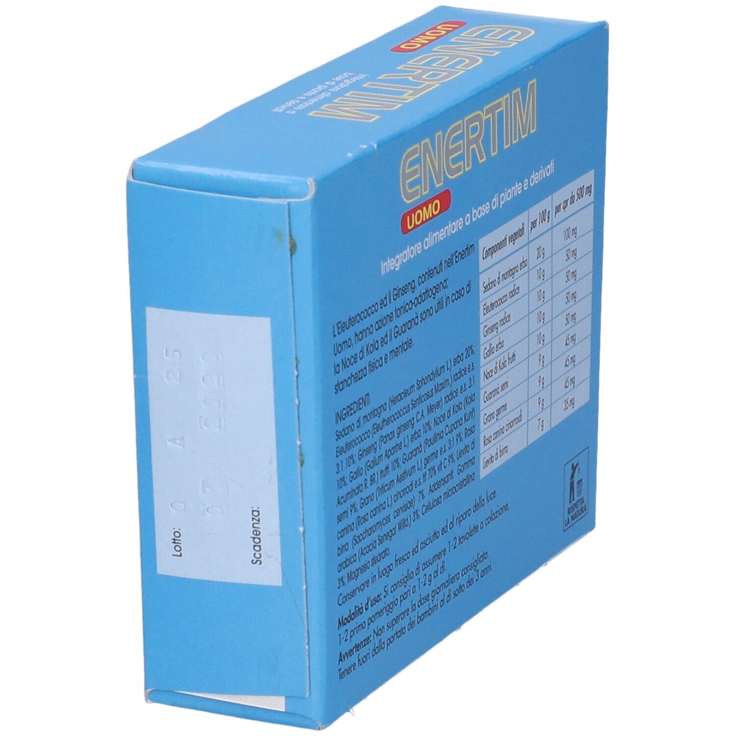 Scatola blu con testo e ingredienti. Contiene 50 compresse. Testo: "ENERTIM UOMO". Elenco ingredienti e istruzioni.