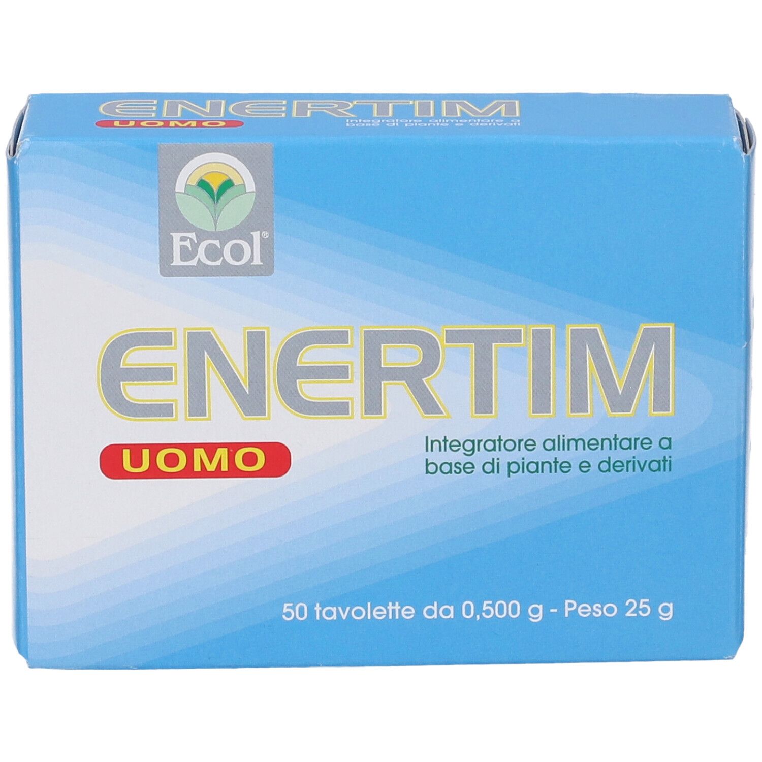 Scatola blu con logo "ENERTIM UOMO". Contiene 50 compresse. Testo: "Integratore alimentare a base di piante e derivati".