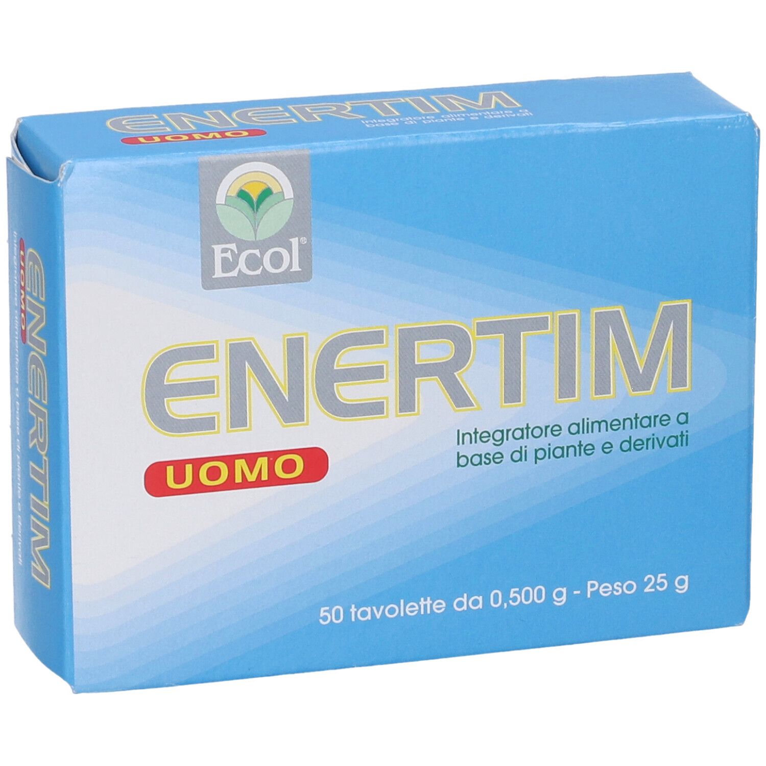Scatola blu con logo "ENERTIM UOMO". Contiene 50 compresse. Testo: "Integratore alimentare a base di piante e derivati".