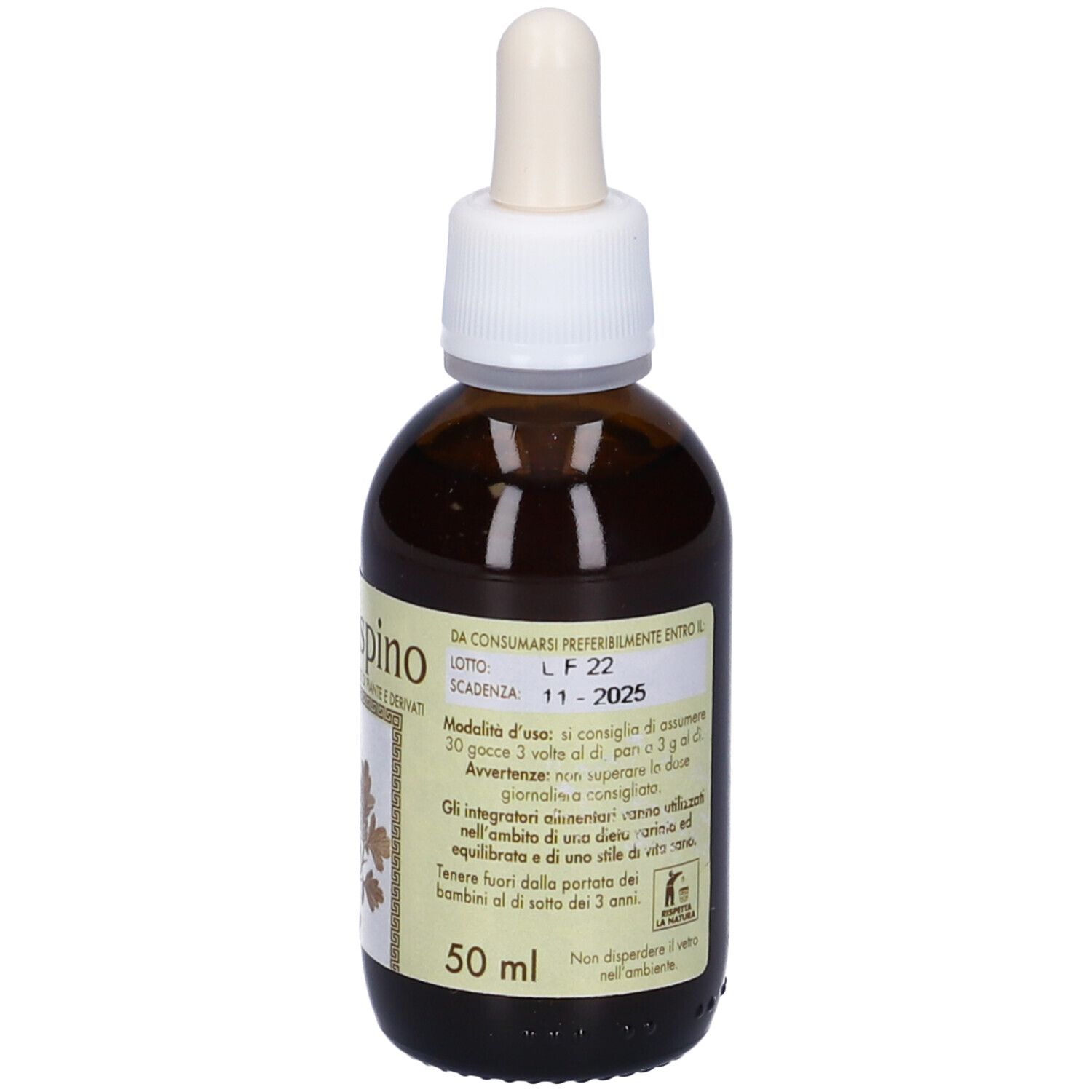 Flacone di vetro marrone con contagocce. Etichetta con informazioni sul prodotto. Logo ECOL. 50 ml.