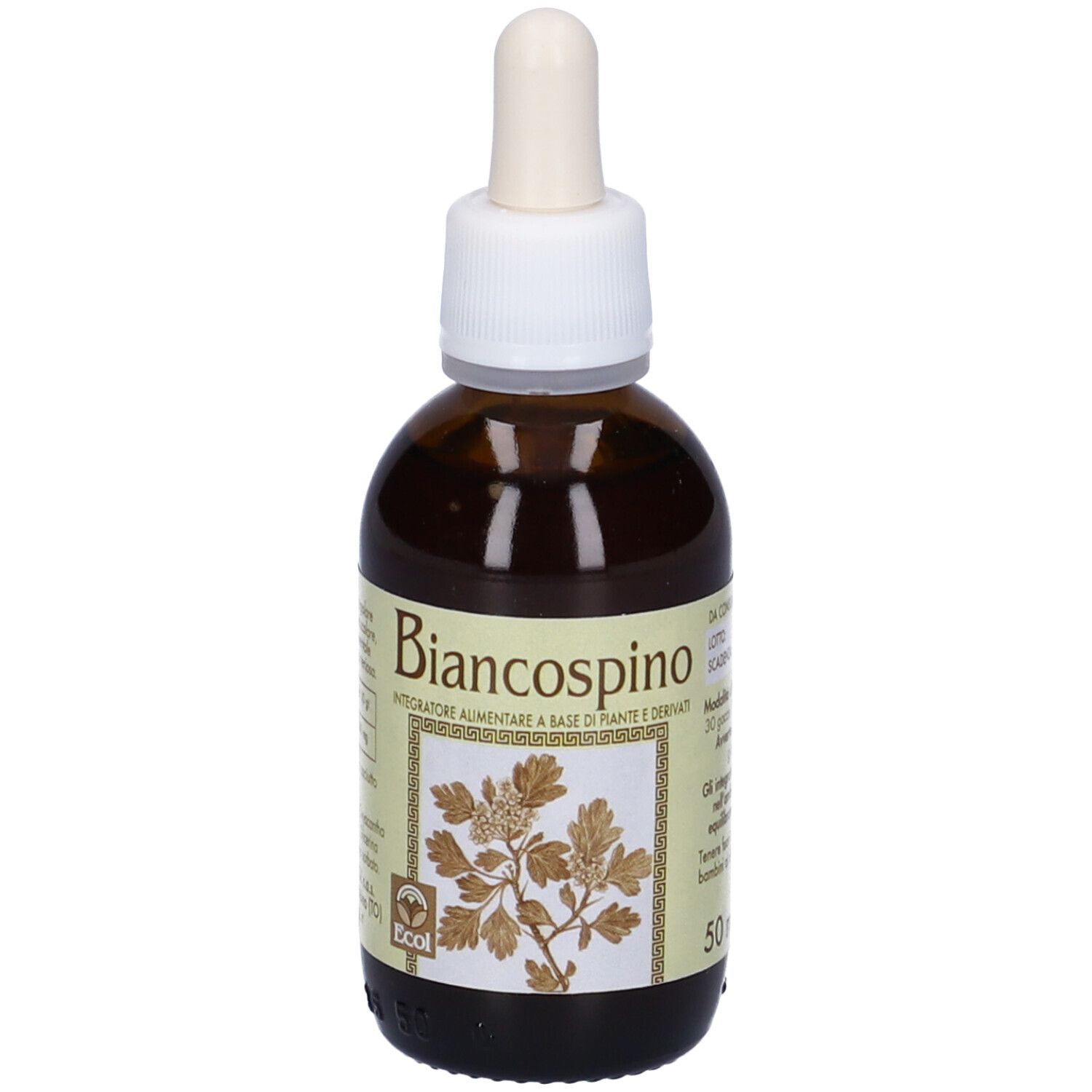 Flacone di vetro marrone con contagocce. Etichetta con informazioni sul prodotto. Logo ECOL. 50 ml.