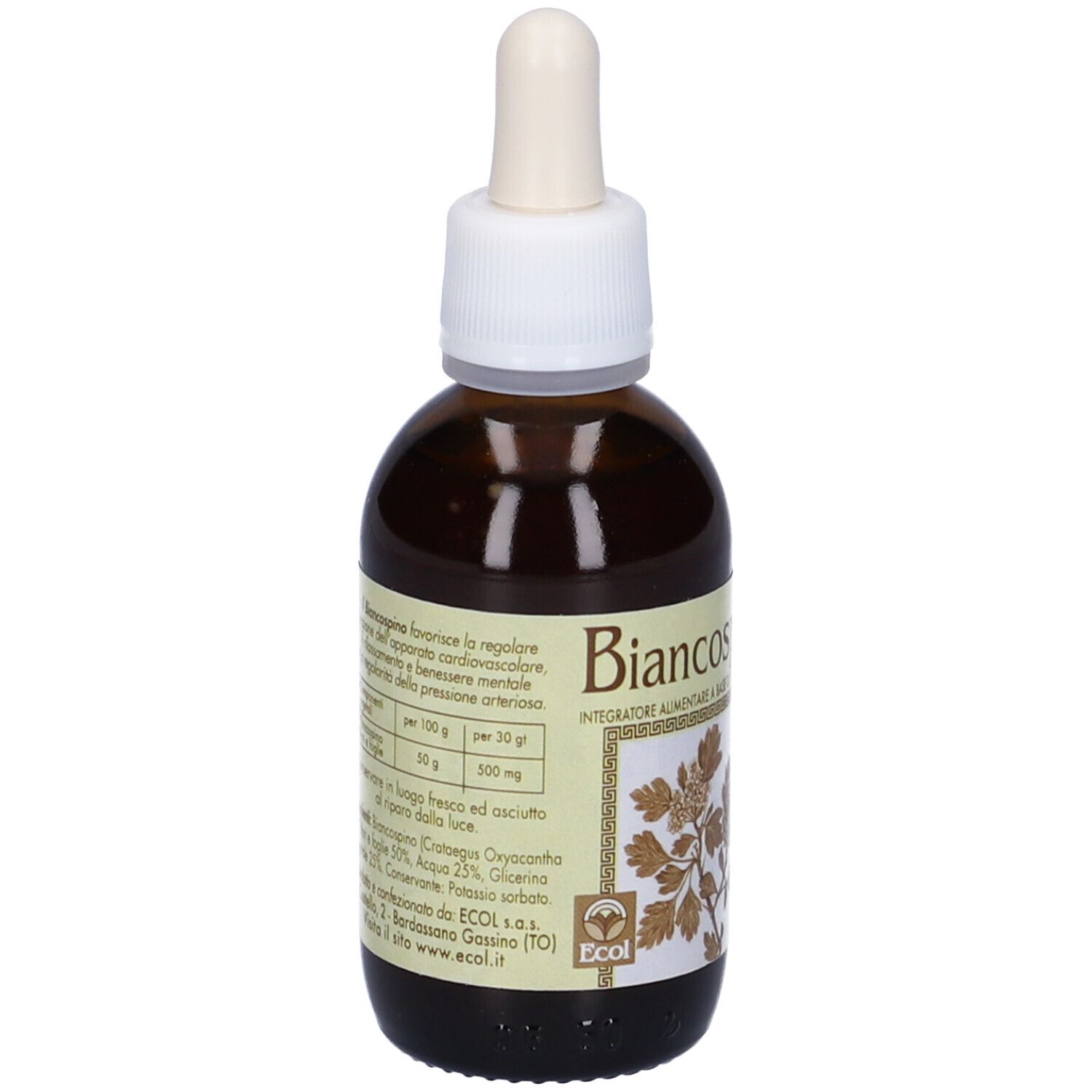 Flacone di vetro marrone con contagocce. Etichetta con informazioni sul prodotto. Logo ECOL. 50 ml.