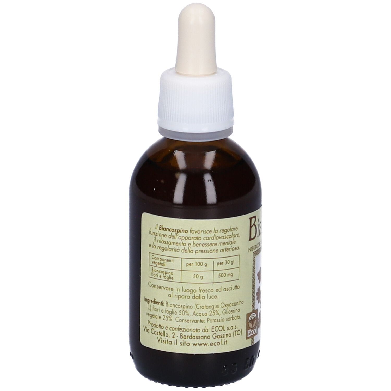 Flacone di vetro marrone con contagocce. Etichetta con informazioni sul prodotto. Logo ECOL. 50 ml.