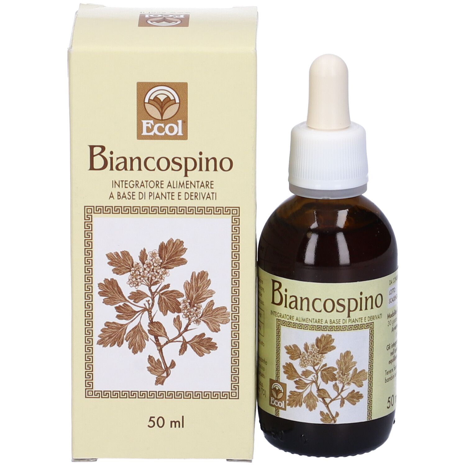 Flacone e confezione del prodotto. Flacone marrone con contagocce, confezione beige. Logo ECOL. 50 ml.