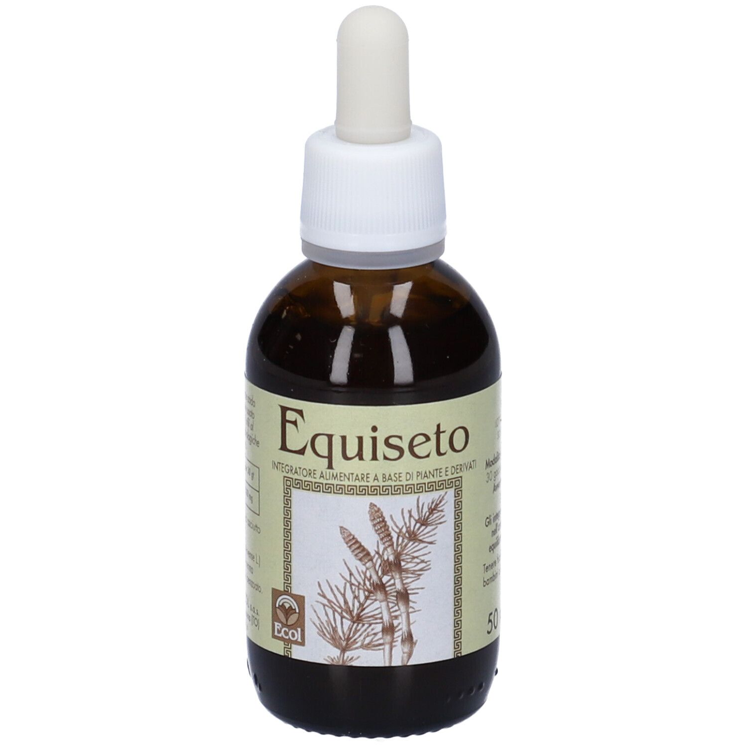 Flacone di vetro marrone con contagocce. Etichetta con nome del prodotto e illustrazione. 50 ml.