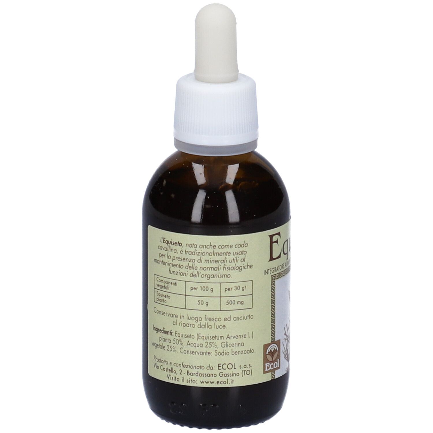Flacone di vetro marrone con contagocce. Etichetta con nome del prodotto e ingredienti. 50 ml.