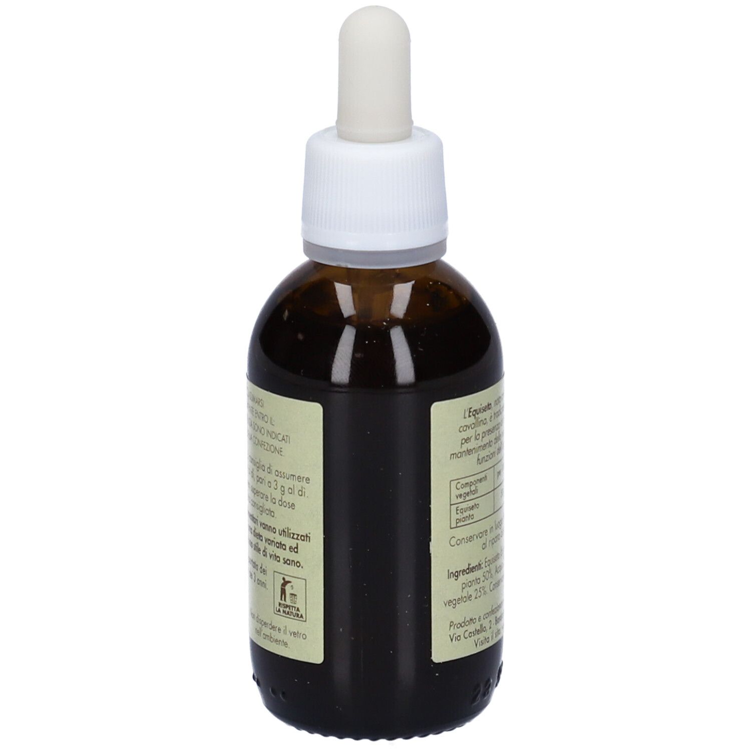 Flacone di vetro marrone con contagocce. Etichetta con informazioni sul prodotto. 50 ml.