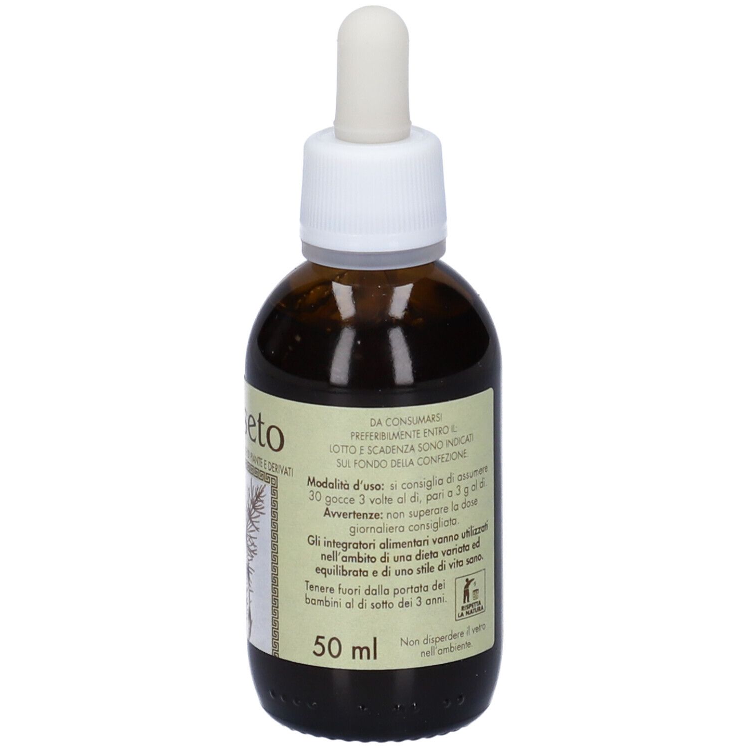 Flacone di vetro marrone con contagocce. Etichetta con informazioni sul prodotto. 50 ml.