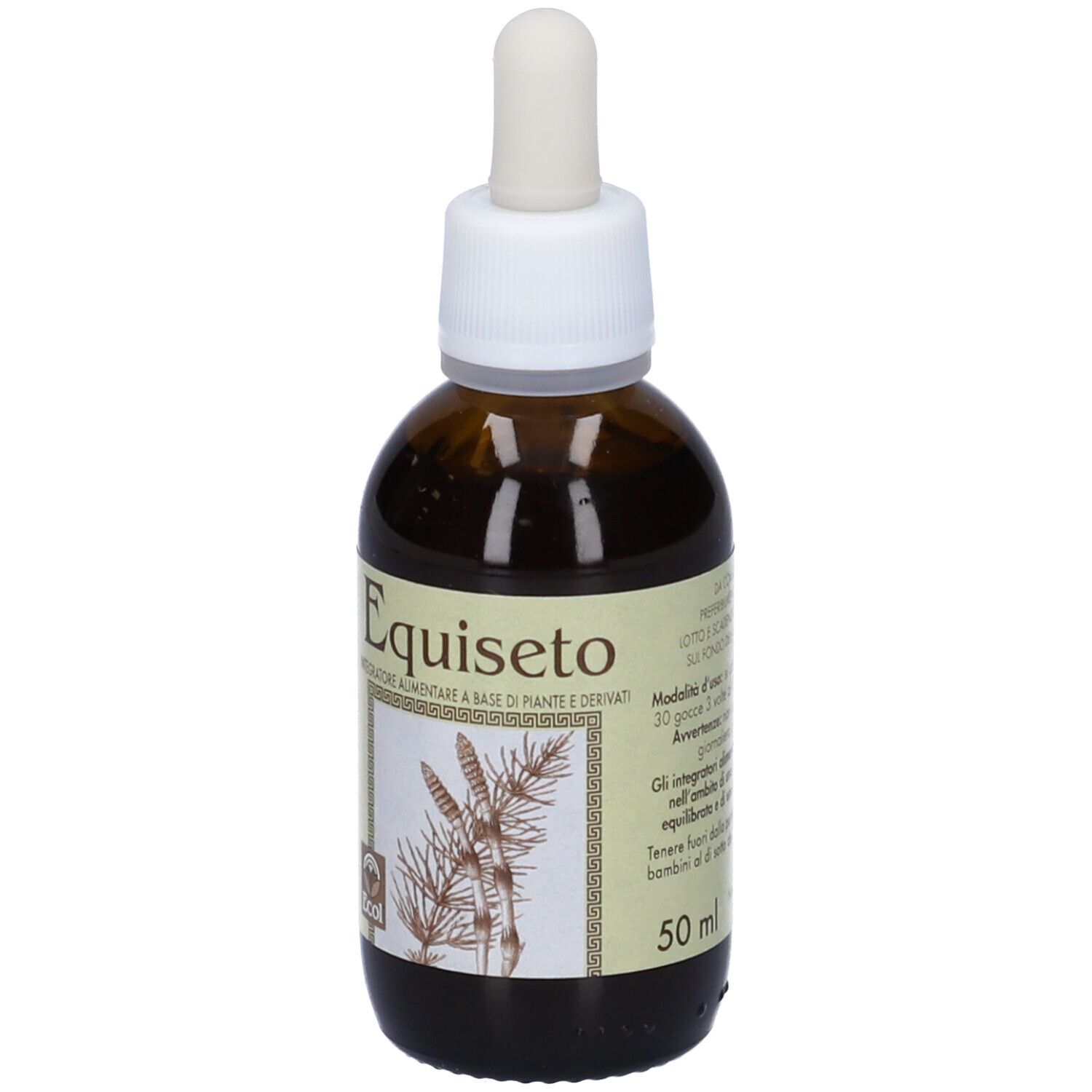 Flacone di vetro marrone con contagocce. Etichetta con informazioni sul prodotto. 50 ml.