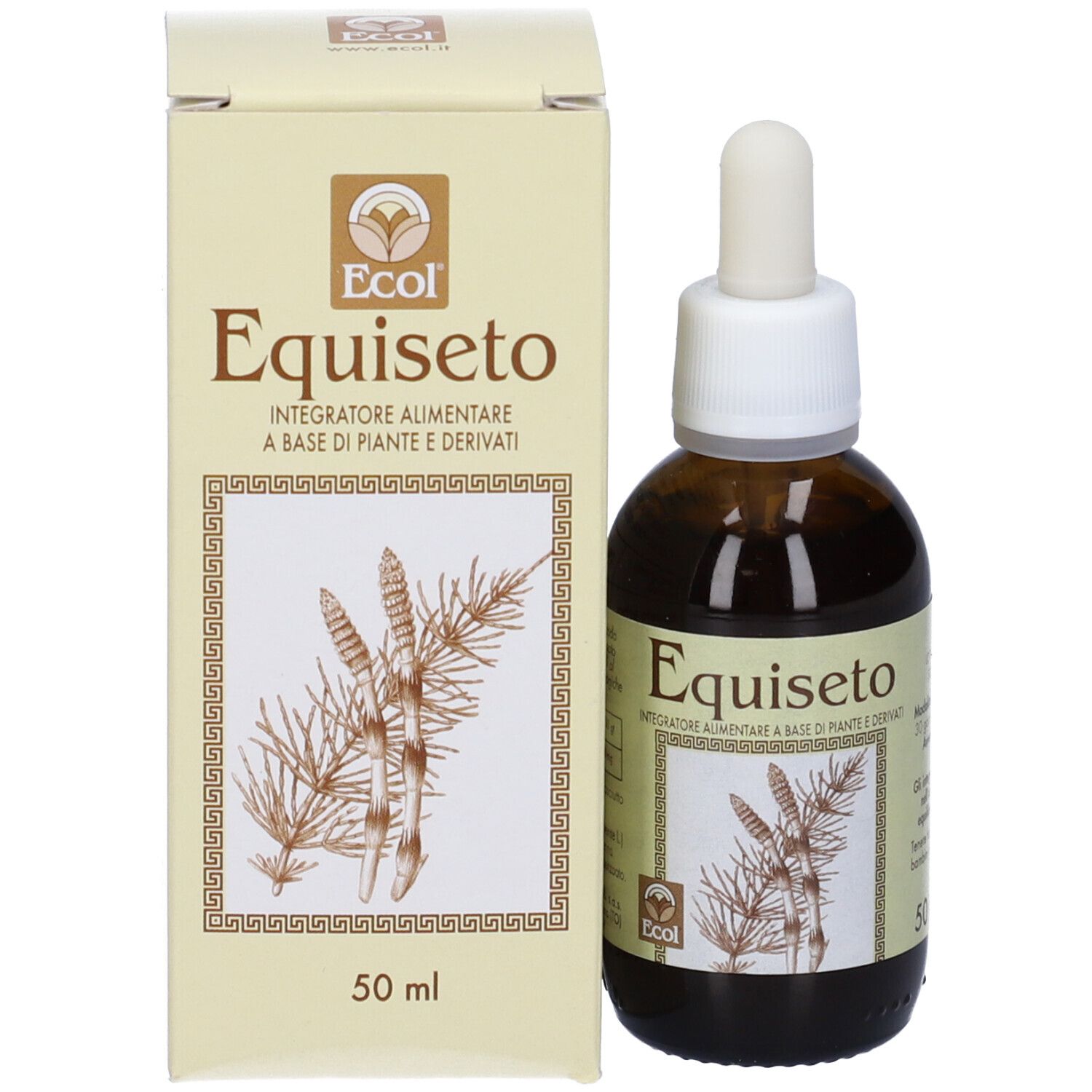 Flacone di vetro marrone con contagocce e confezione. 50 ml. Etichetta con nome del prodotto.