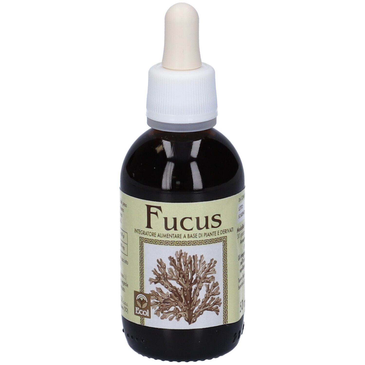 Flacone di vetro marrone con contagocce. Scritta Fucus. Prodotto Ecol. Con rappresentazione vegetale.