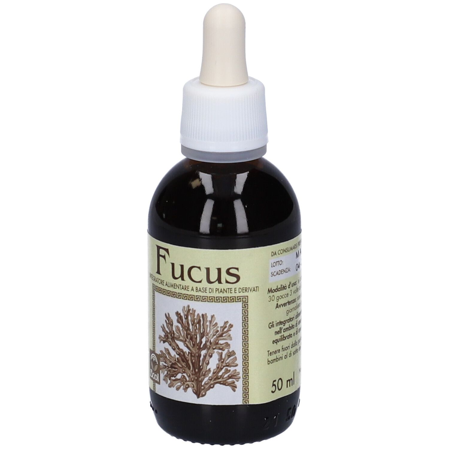 Flacone di vetro marrone con contagocce. Scritta Fucus. Prodotto Ecol. Fronte con rappresentazione vegetale.