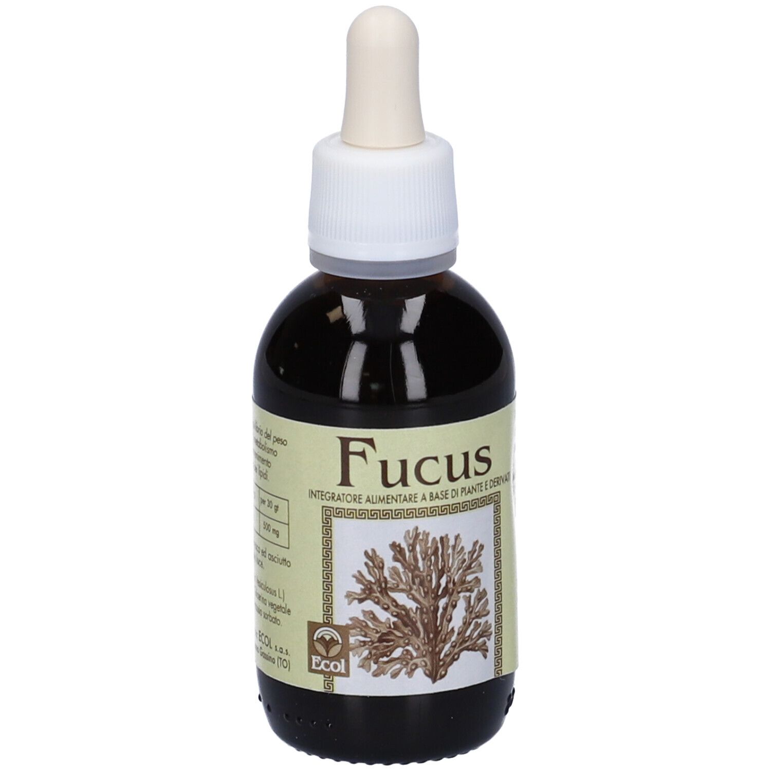 Flacone di vetro marrone con contagocce. Scritta Fucus. Prodotto Ecol. Fronte con rappresentazione vegetale.