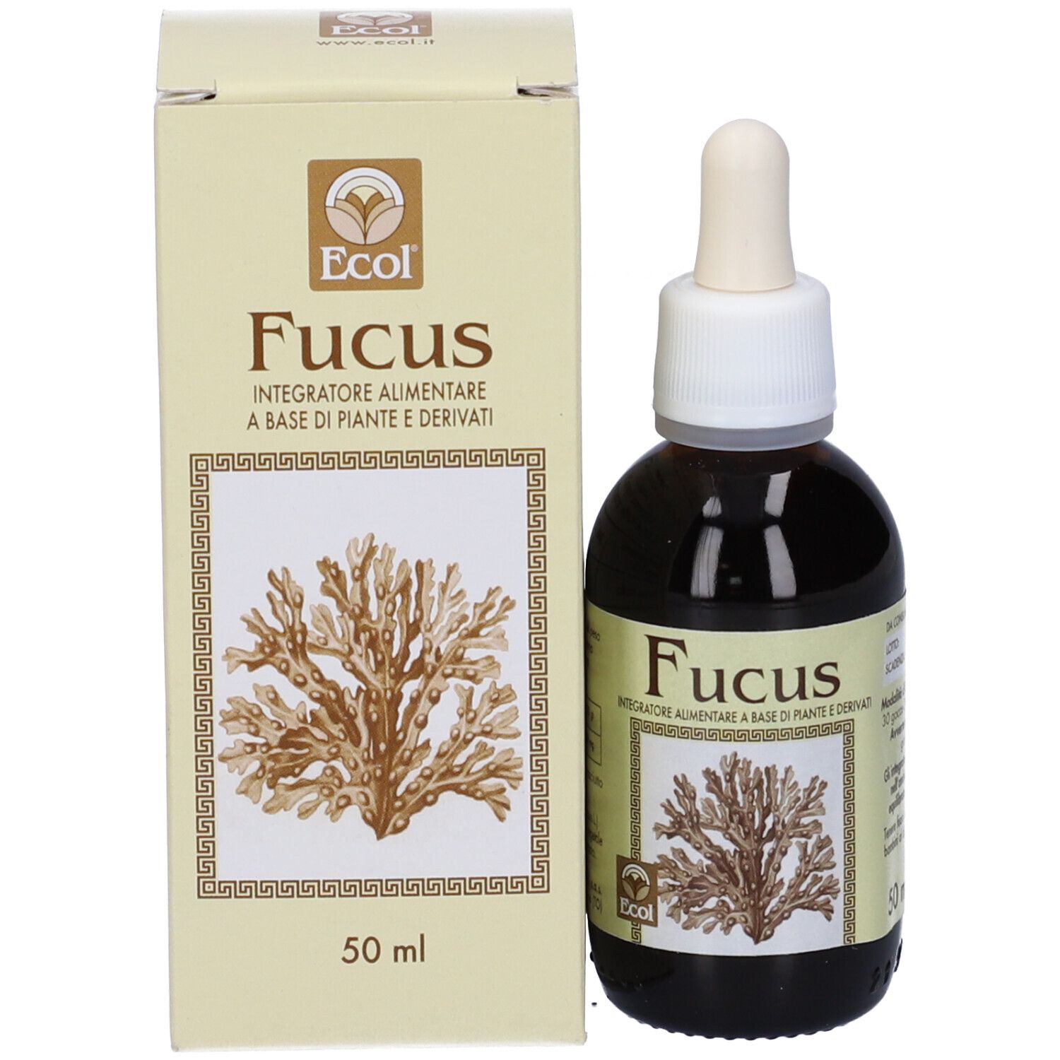 Flacone di vetro marrone con contagocce e scatola. Scritta Fucus, 50 ml. Prodotto Ecol.