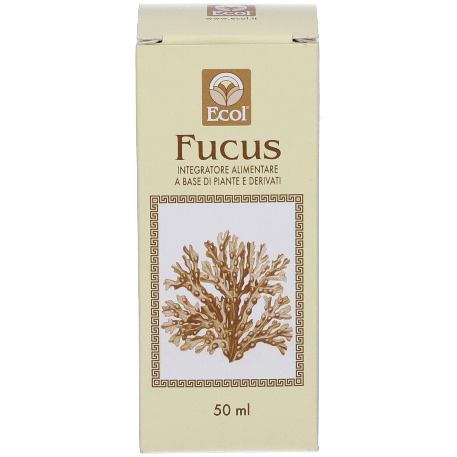 Scatola con scritta Fucus, 50 ml. Prodotto Ecol. Con rappresentazione vegetale.