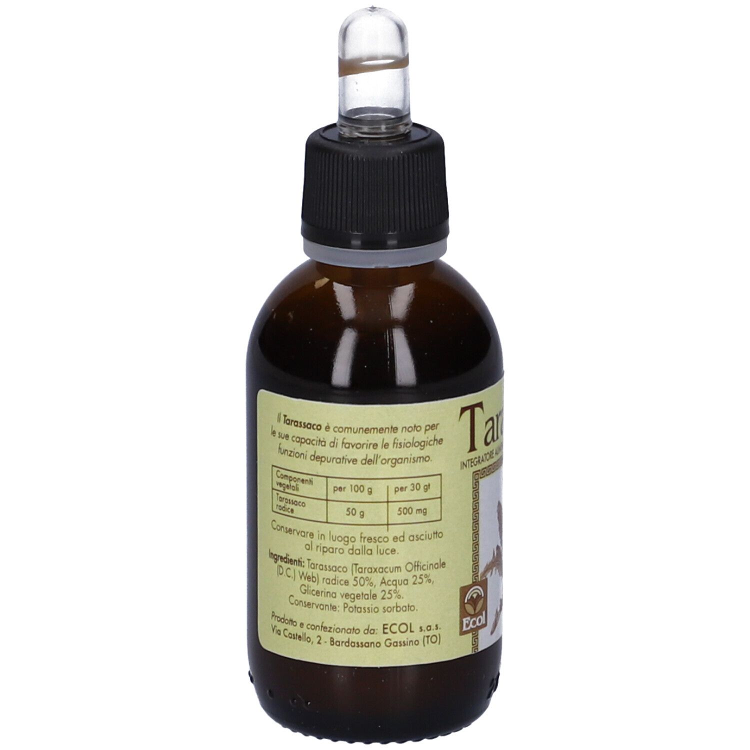 Flacone di vetro marrone con tappo nero e pipetta. Etichetta con testo e tabella nutrizionale.
