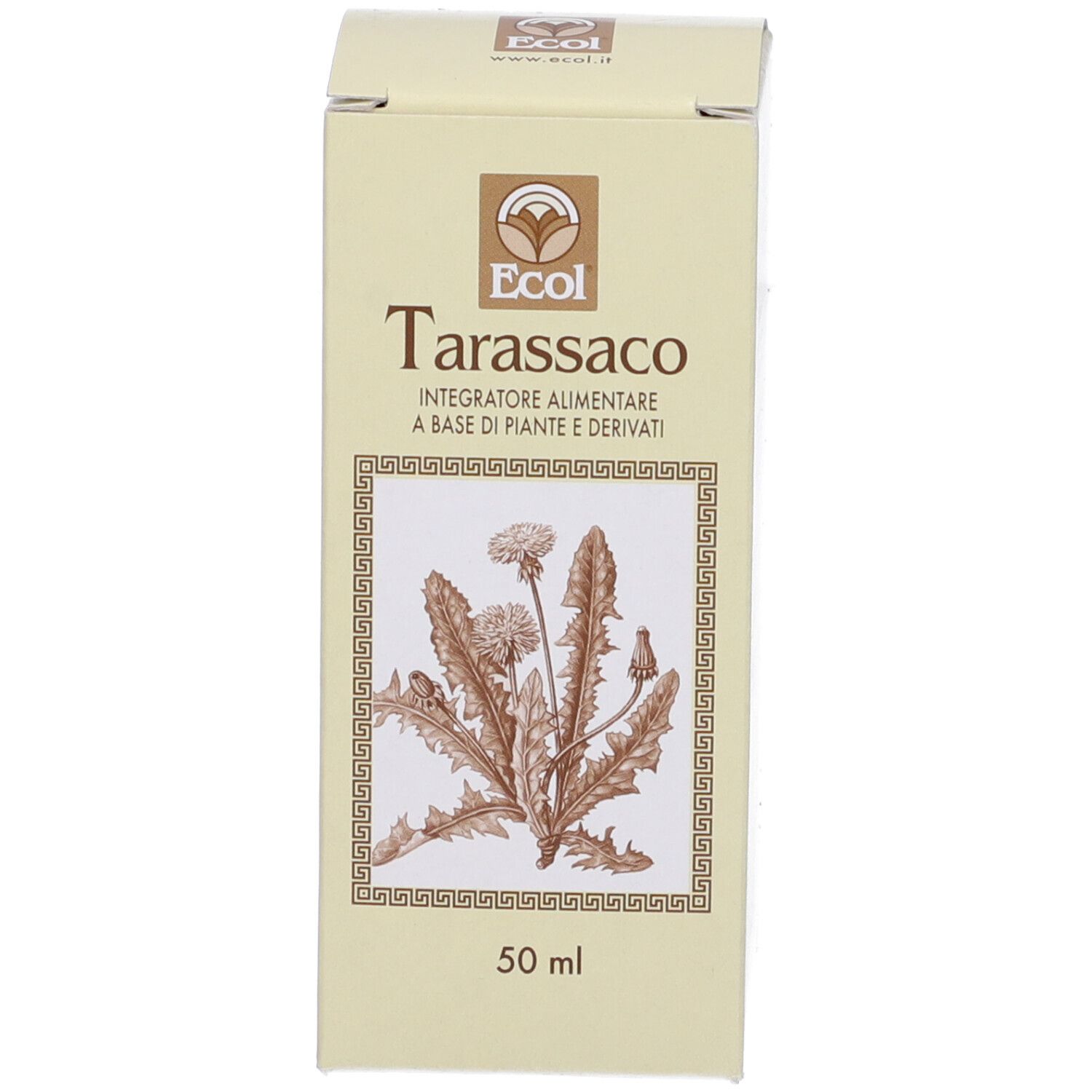 Confezione rettangolare con testo e illustrazione di pianta. Sfondo color crema.