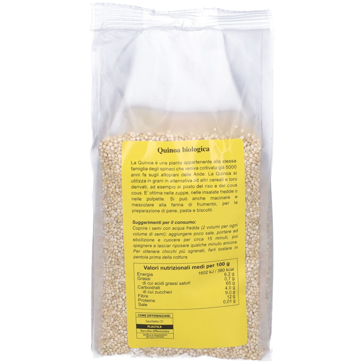 Retro della confezione di quinoa biologica. Etichetta gialla con testo e valori nutrizionali.