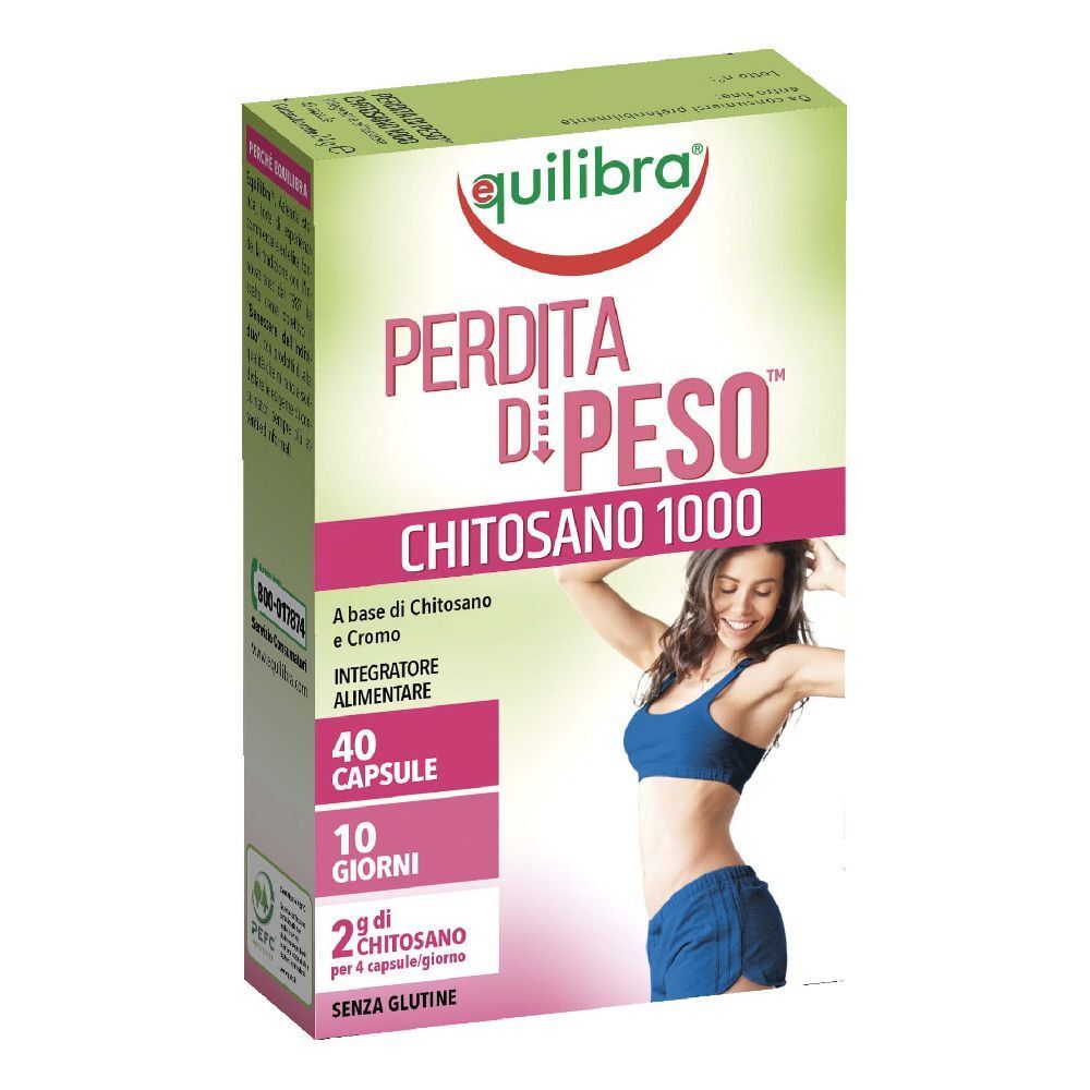 Confezione di Equilibra® Chitosan 1000. Contiene 40 capsule. Scritta: Perdita di Peso (perdita di peso).
