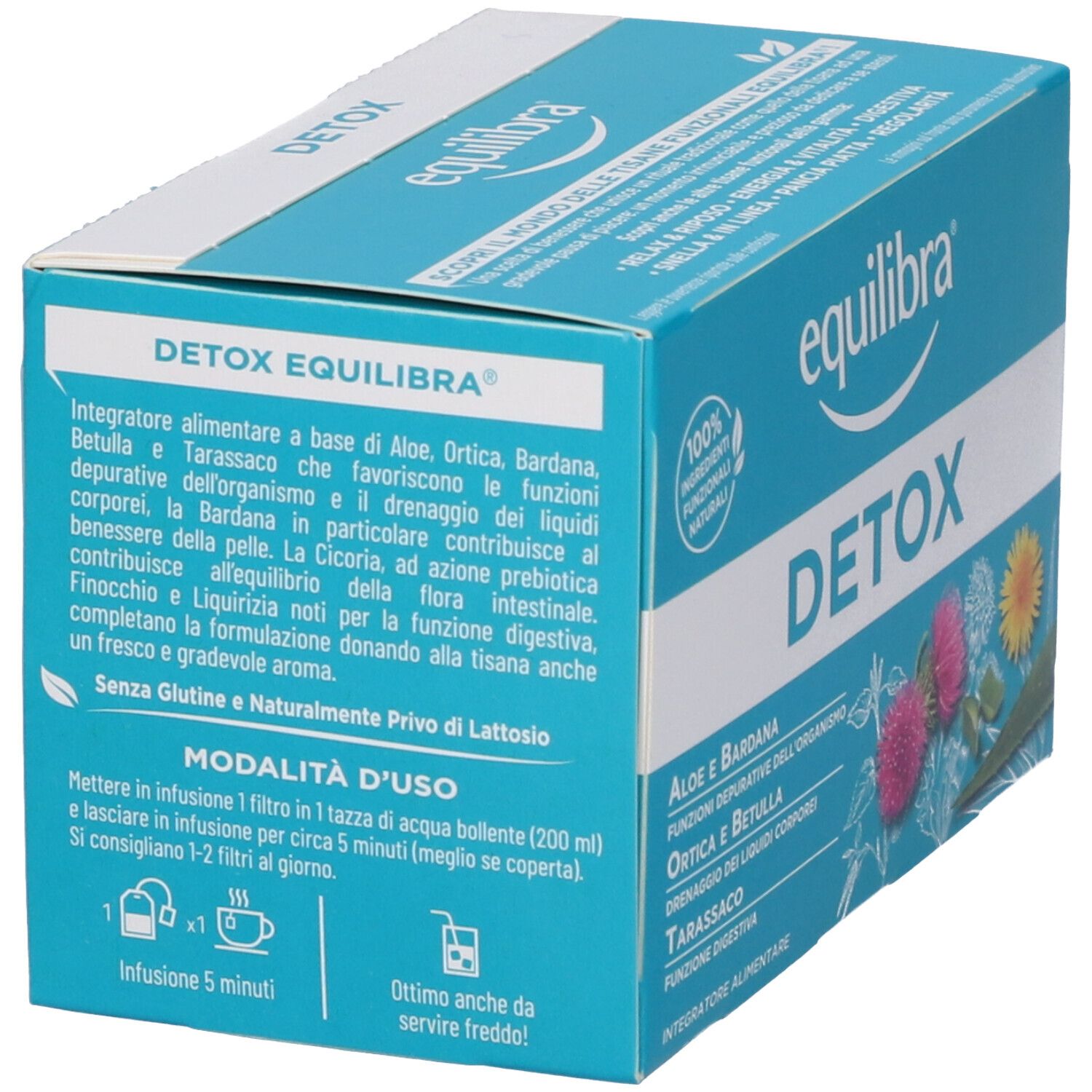 Scatola turchese con "equilibra" e "DETOX". Testo su ingredienti e uso. Ingredienti naturali al 100%.