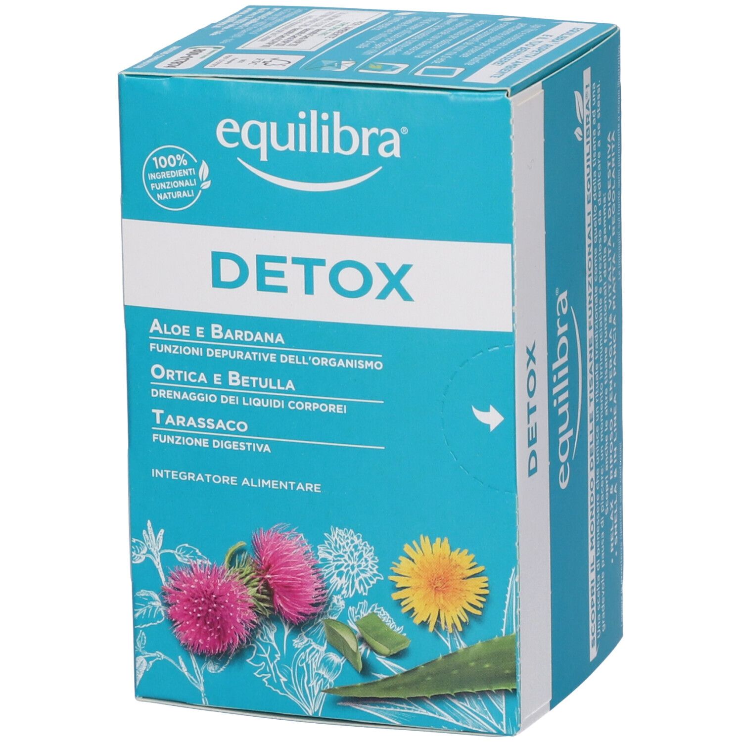 Scatola turchese con "equilibra" e "DETOX". Illustrazioni di piante. Ingredienti naturali al 100%.