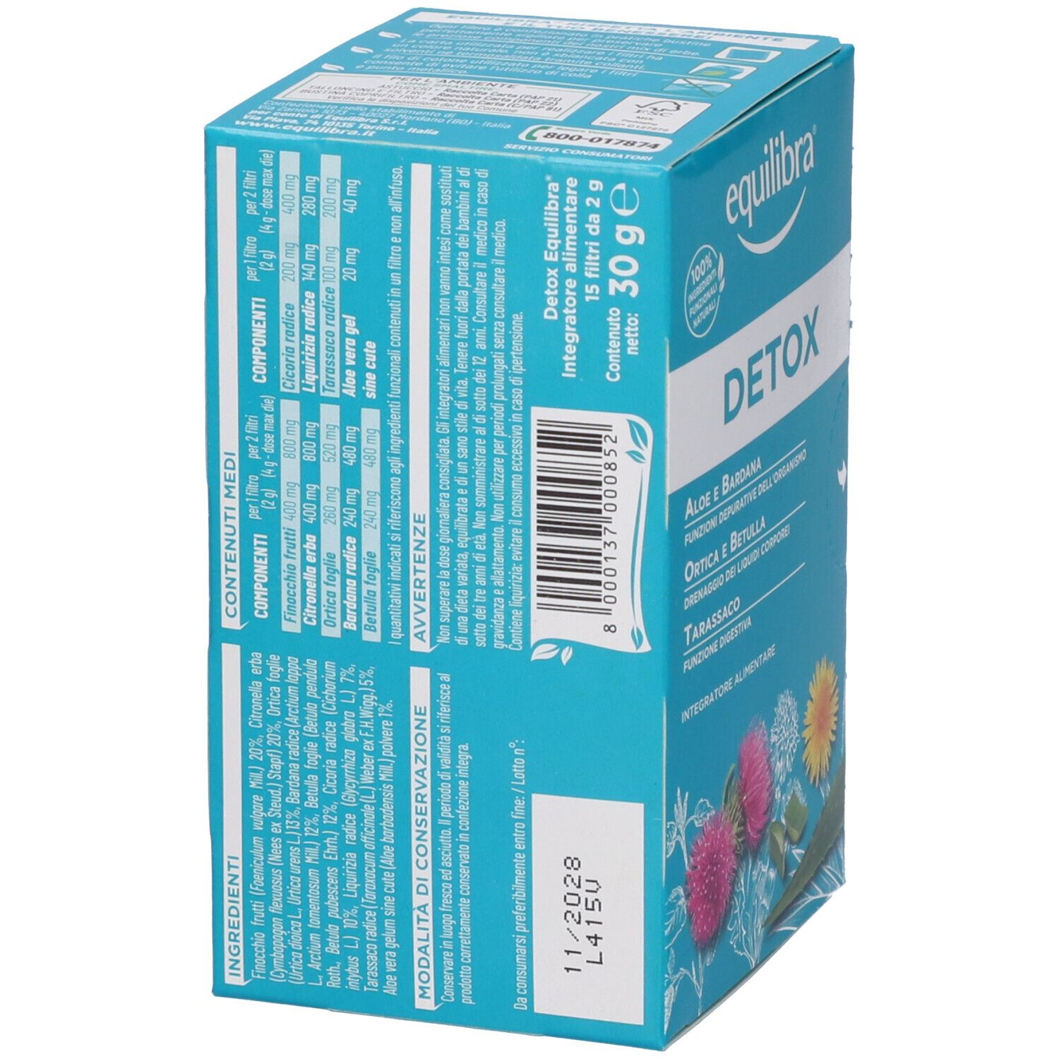 Scatola turchese con "equilibra" e "DETOX". Retro con informazioni sugli ingredienti e avvertenze.