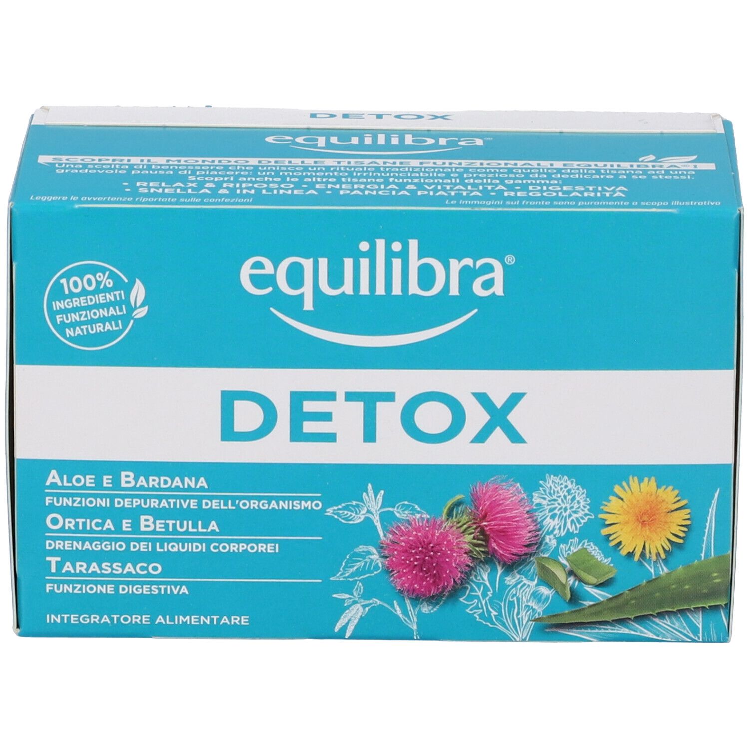 Scatola turchese con "equilibra" e "DETOX". Illustrazioni di piante. Ingredienti naturali al 100%.