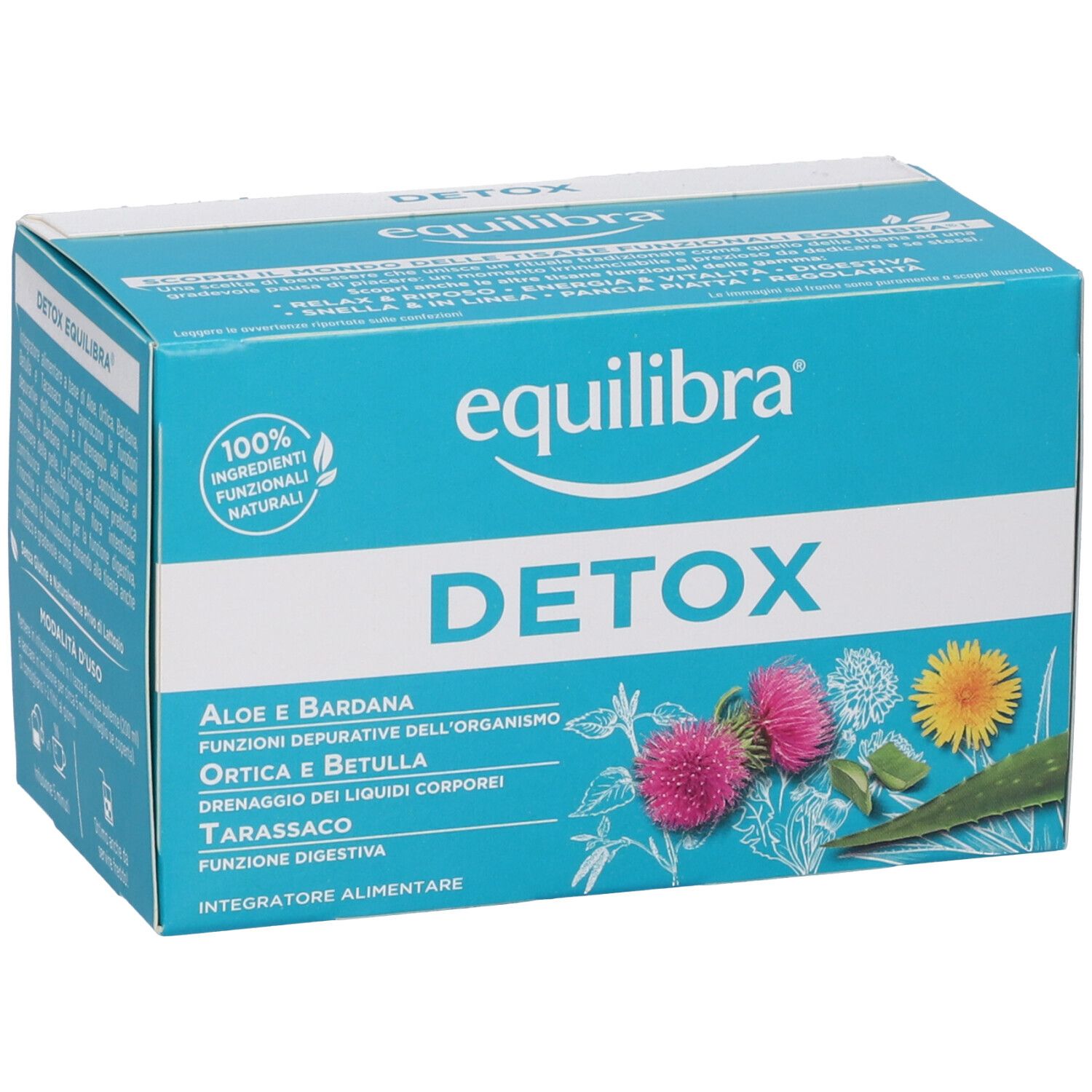 Scatola turchese con "equilibra" e "DETOX". Illustrazioni di piante. Ingredienti naturali al 100%.