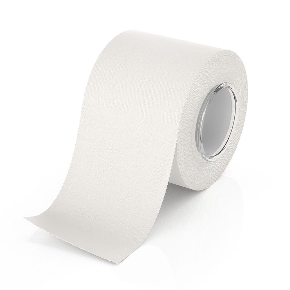 Rotolo di nastro adesivo bianco. Il nastro è parzialmente srotolato.